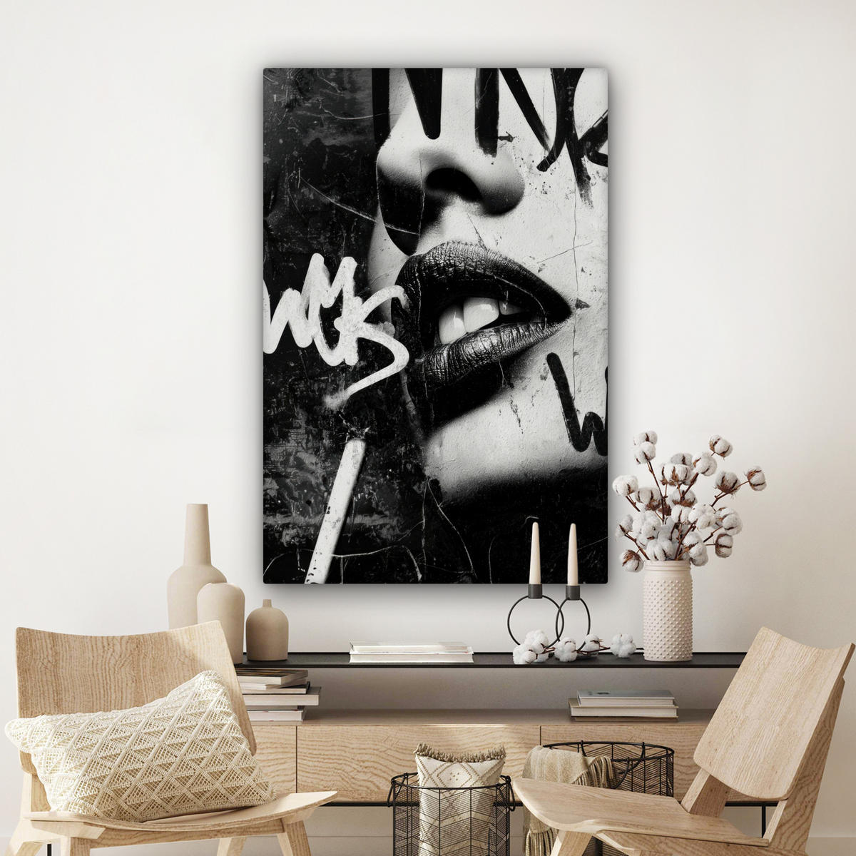 LEINWANDBILD Gesicht - Mund - Graffiti - Schwarz Deko XXL 80x120 cm - Schwarz, Textil (80/120cm) - MuchoWow