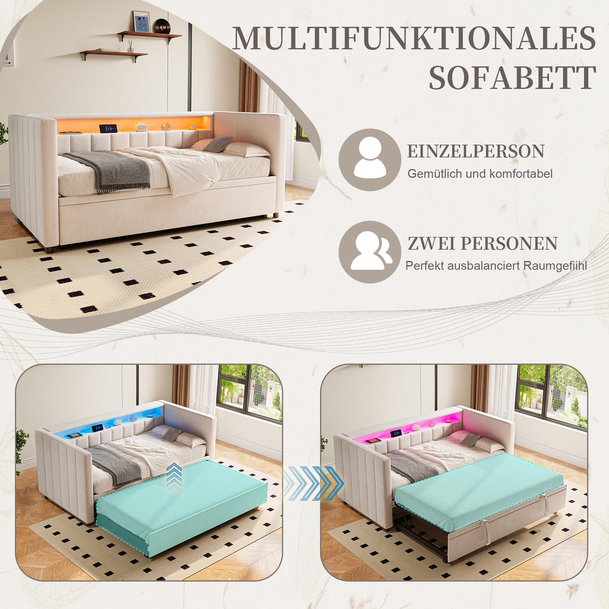 SCHLAFSOFA 90/190 cm in Beige Samt mit Ausziehbett, LED und USB-Type-C - Beige, Holzwerkstoff/Textil (90/190cm) - WISHDOR