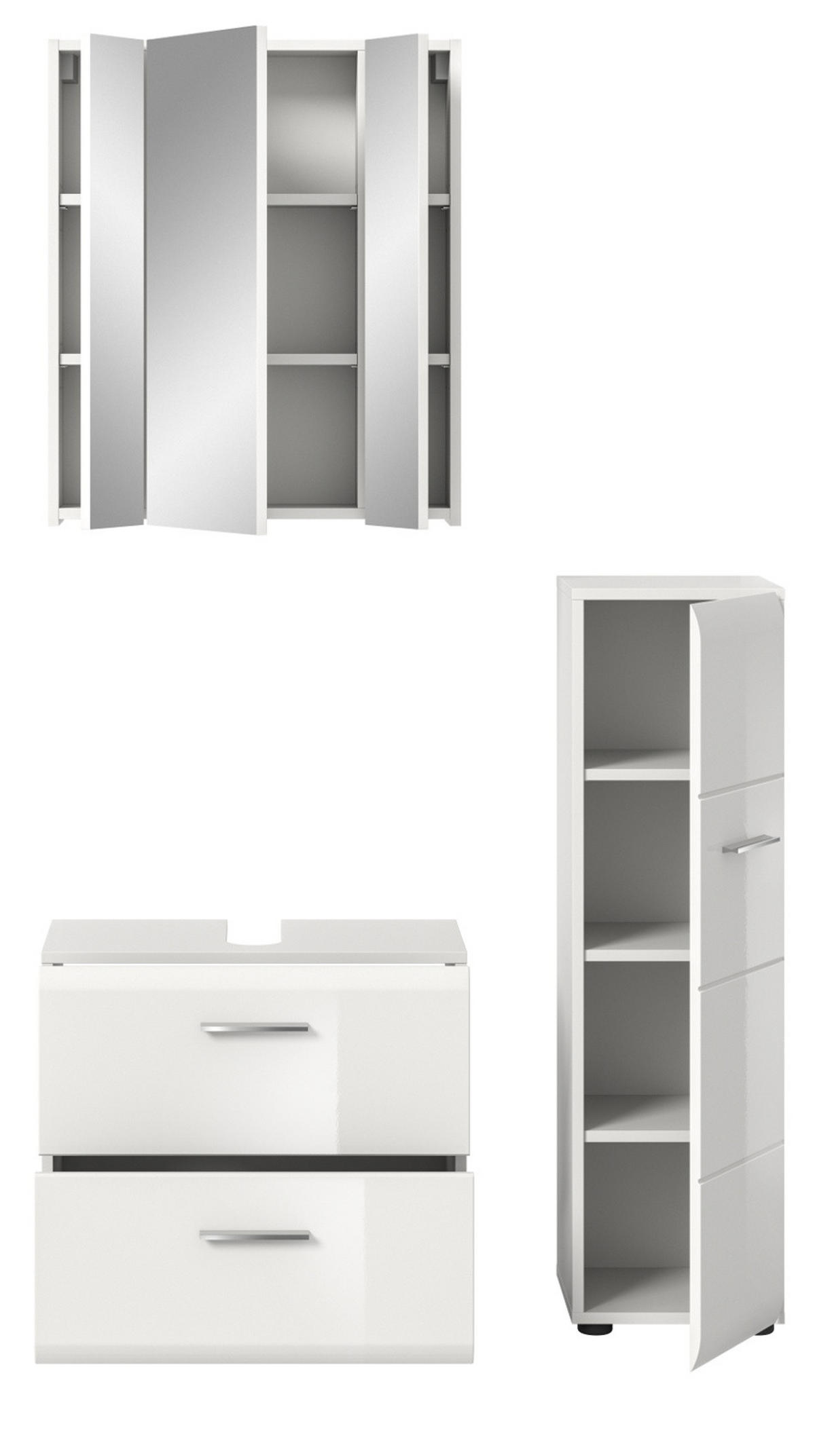 BADMÖBEL SET 3-teilig in weiß Hochglanz Badkombination 105 x 185 cm Cover - Weiß Hochglanz/Silberfarben, Holzwerkstoff/Kunststoff (105/185/30cm) - Inn.Furn