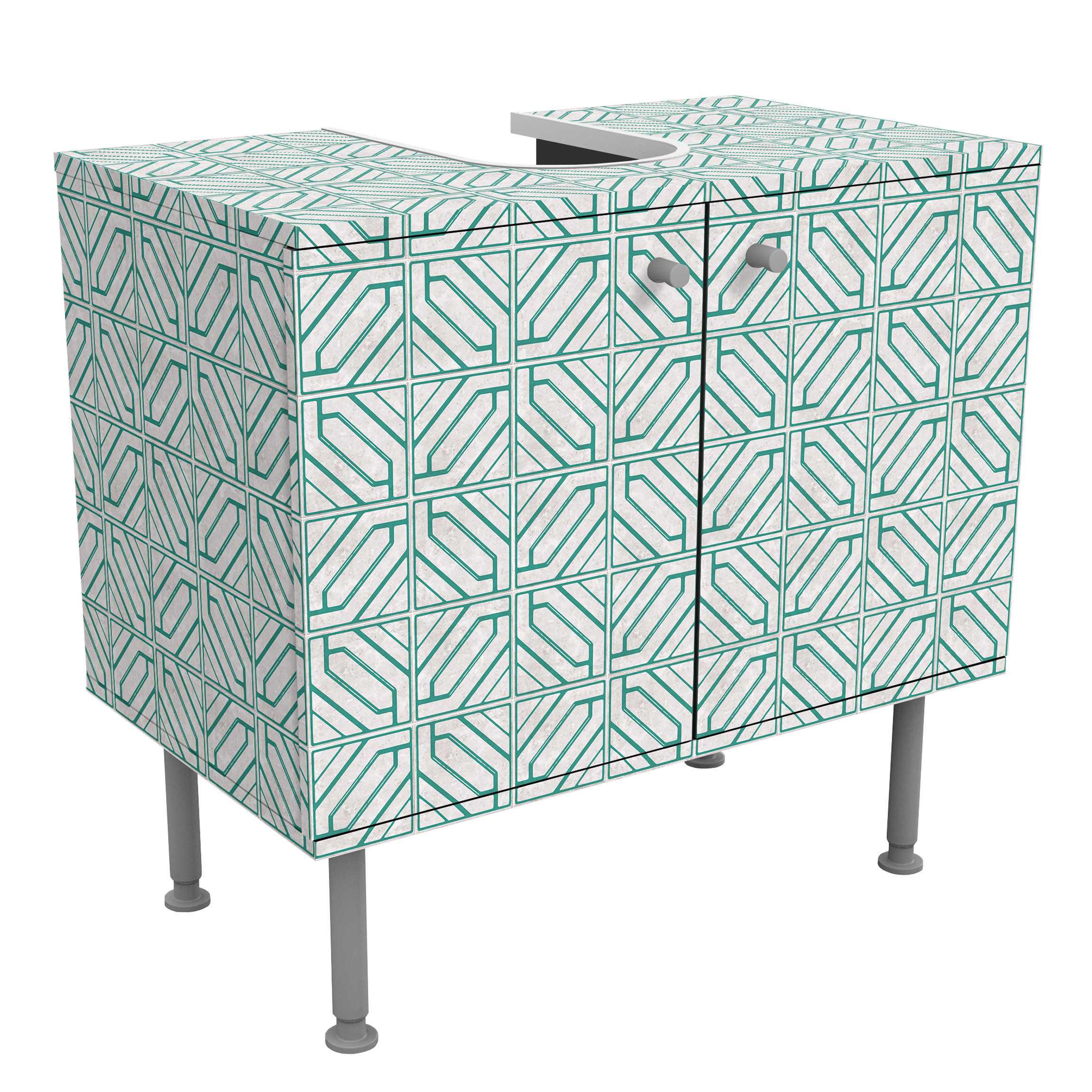 WASCHBECKENUNTERSCHRANK Fliesenmuster Rauten Geometrie türkis 60/55/35 cm - Türkis, Holzwerkstoff (60/55/35cm) - Bilderwelten