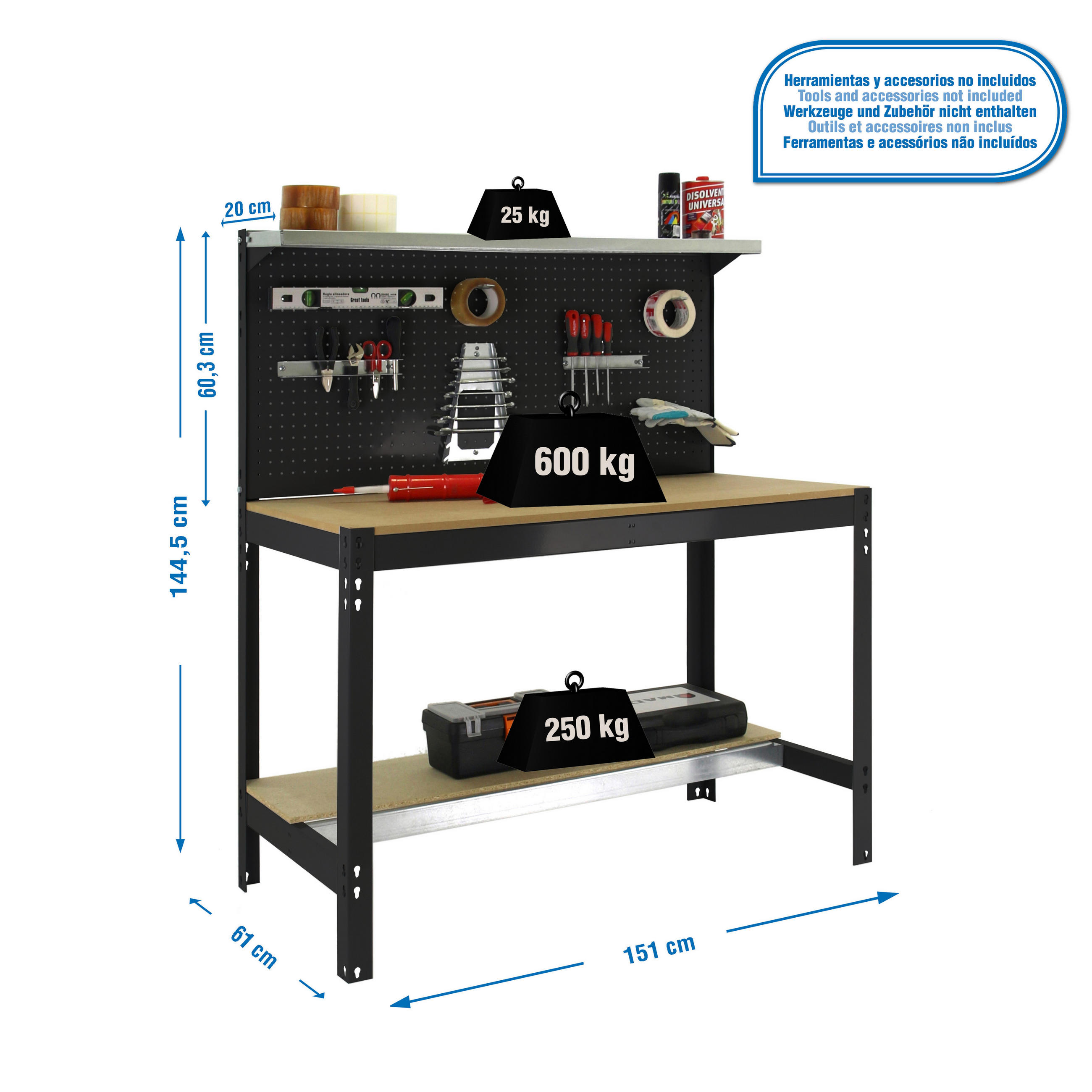 WERKBANK BUFFALO mit Werkzeugwand und Ablage | HxBxT 84x150x61cm | Traglast 600kg | Anthrazit - Anthrazit, Metall (150/84/61cm) - PROREGAL