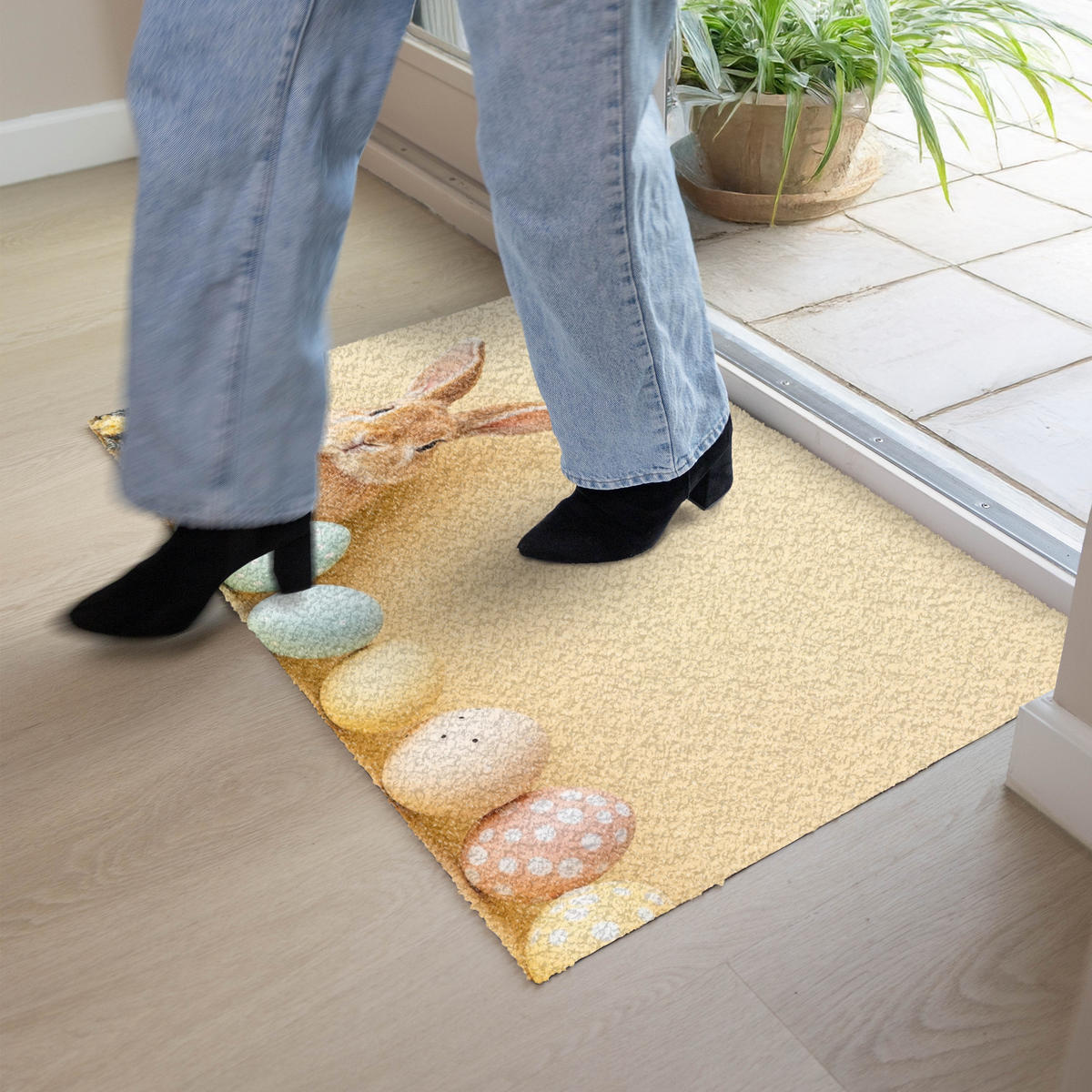 FUSSMATTE Eier - Kaninchen - Pastellfarbtöne 90x60 cm - Hellgelb, Kunststoff (60/90cm) - MuchoWow