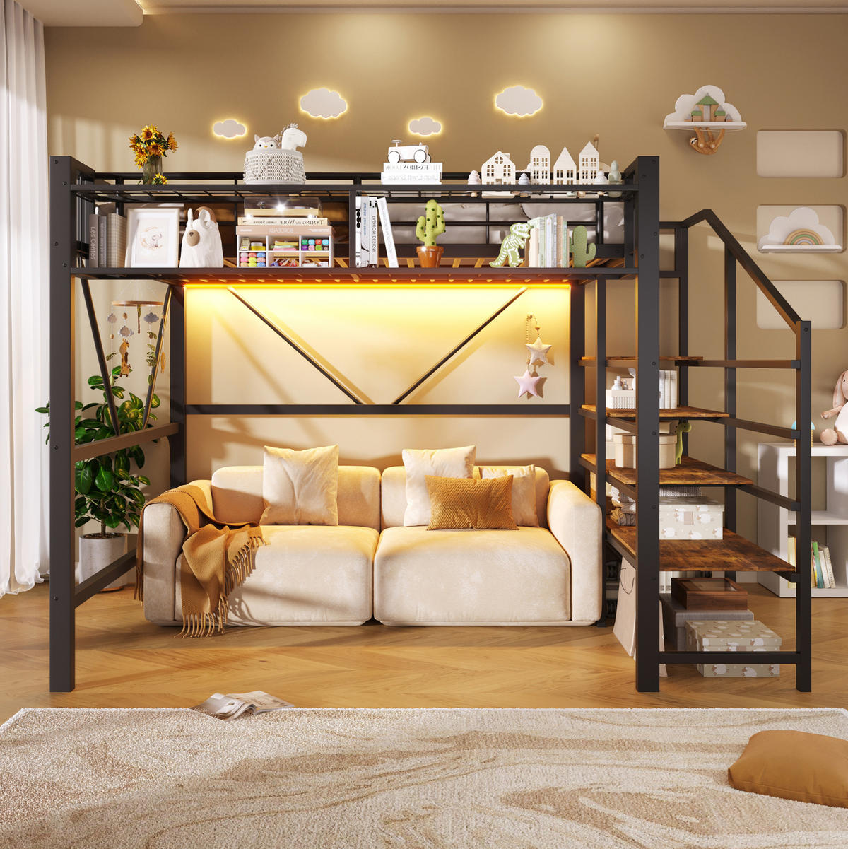 HOCHBETT 140/200 cm aus Metall und MDF mit LED-Lichtleiste, Schwarz - Schwarz, Holzwerkstoff (140/200cm) - OKMYHOME