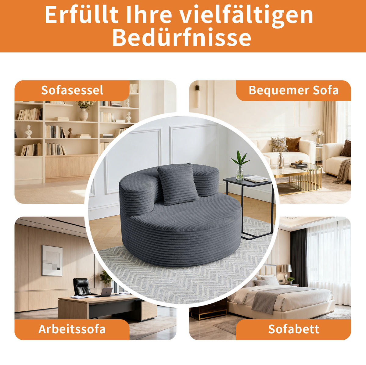 SESSEL aus Kordstoff 112 x 105 x 59 cm Dunkelgrau - Dunkelgrau, Kunststoff (105/59/112cm) - Beauniv
