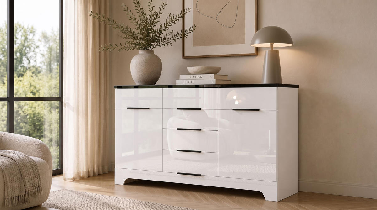 SIDEBOARD Verona weiß / weiß Hochglanz 121 / 45 / 91cm - Schwarz/Weiß, Holz/Holzwerkstoff (121/91/45cm) - Feldmann-Wohnen