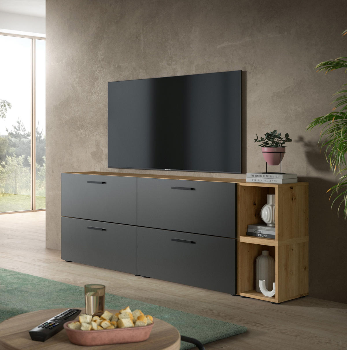 WOHNWAND The One Basalt grau 176/34/67 cm - Braun, Holzwerkstoff (176/67/34cm) - Xonox