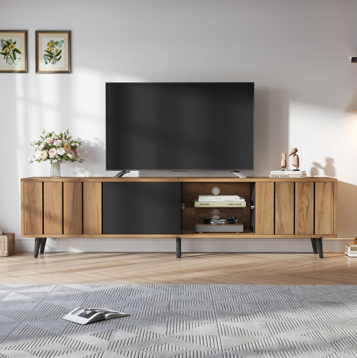 TV-LOWBOARD aus Spanplatte 175x31,5x45 cm Schwarz/Natur mit 3 Türen für Fernseher bis 75 Zoll - Hellbraun, Holzwerkstoff (175/45/31.5cm) - IVMEU