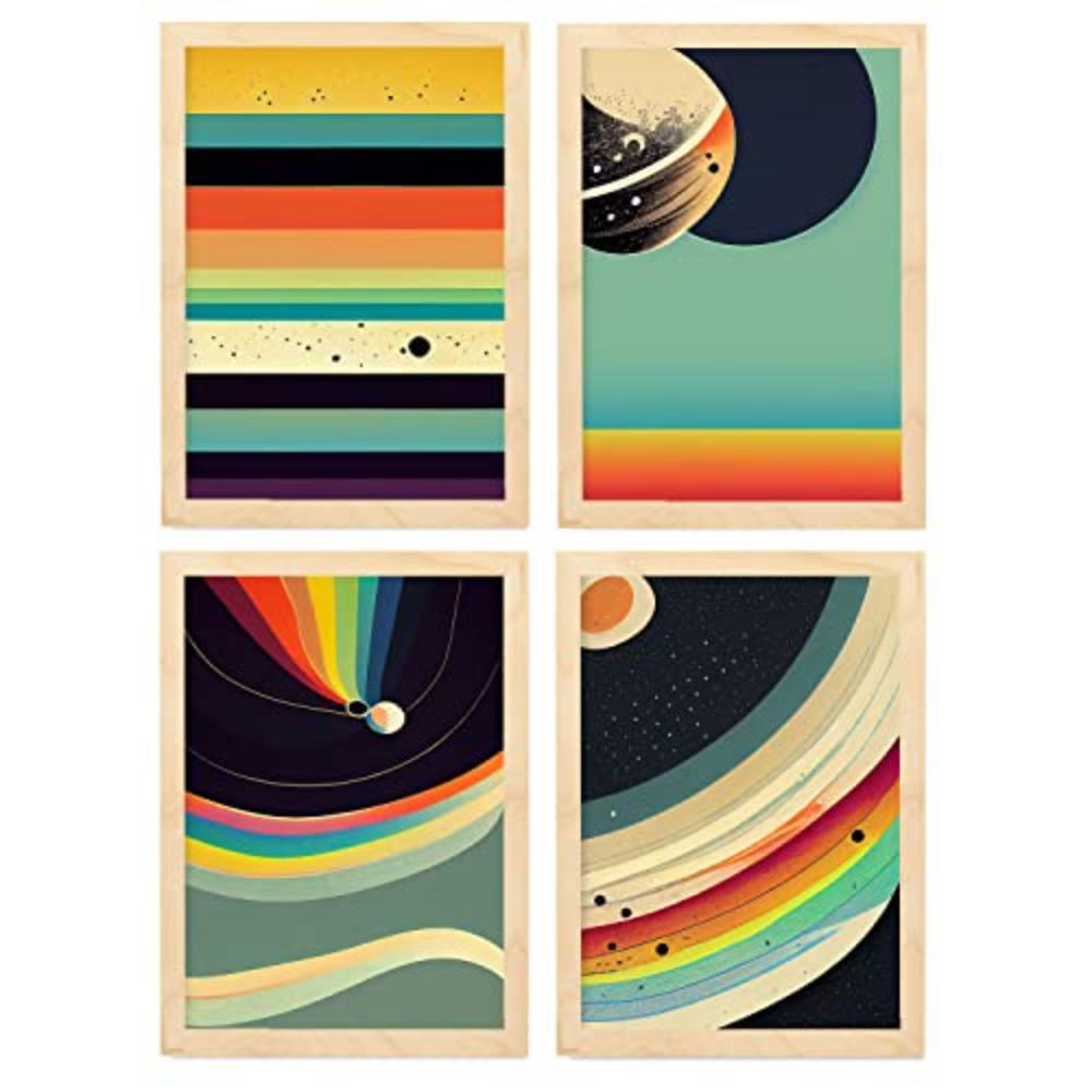 POSTER Set mit 4 Abstrakt Kugel Moderne Galaxien A3 Rahmen aus hellem Holz - Beige, Papier (29.7/3cm) - Nacnic