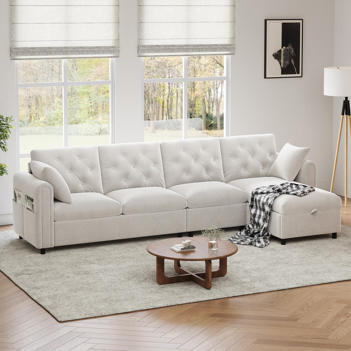 ECKSOFA 281/132/86 cm aus Samt mit Schlaffunktion und Stauraum Beige - Beige, Textil (132/281cm) - Modenvie