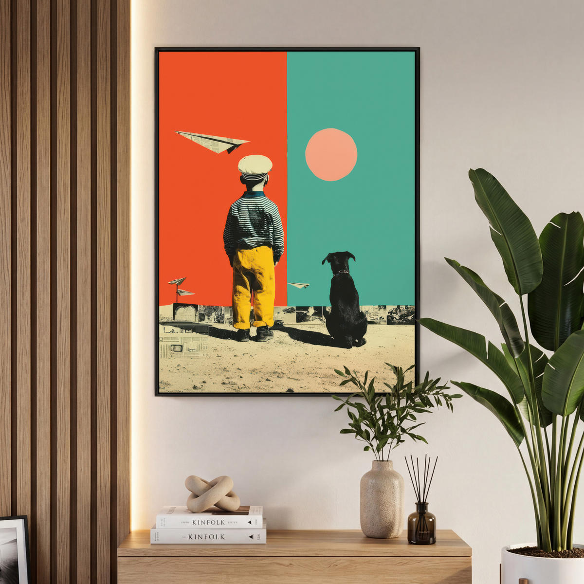 LEINWAND Bilder mit Rahmen - Retro - Junge - Hund - Rot - Grün - 70x100 - Orange, Textil (70/100cm) - MuchoWow