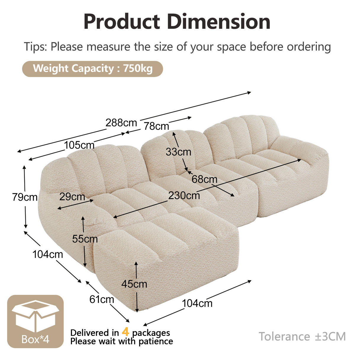ECKSOFA 288/165/79 cm Beige-Weiß aus granuliertem Fleece modular mit Ottoman - Creme, Textil (165/288cm) - OKWISH