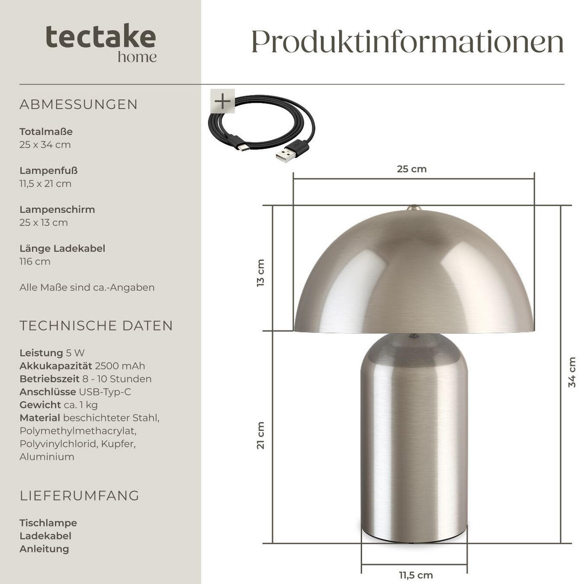 AKKU-TISCHLAMPE Kade,25 x 34 cm,Nickel matt - Nickelfarben, Metall (25/25/34cm) - tectake