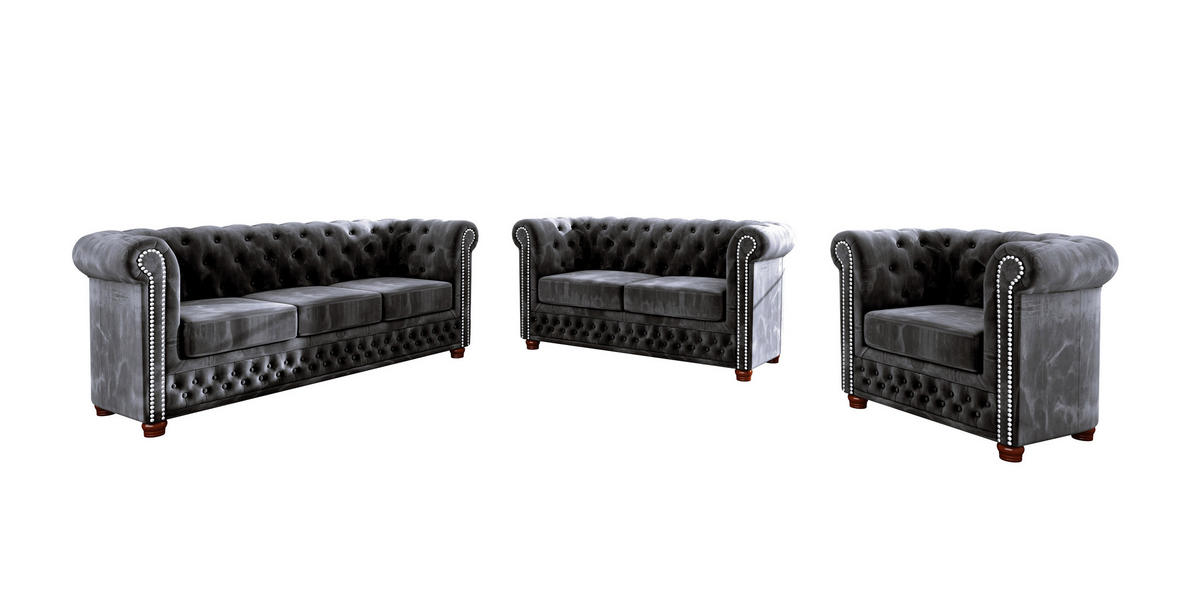 CHESTERFIELD-SOFA 2-sitzer Lauren Schwarz Samt - Schwarz/Braun, Holz/Textil (148/72/86cm) - S-Style Möbel