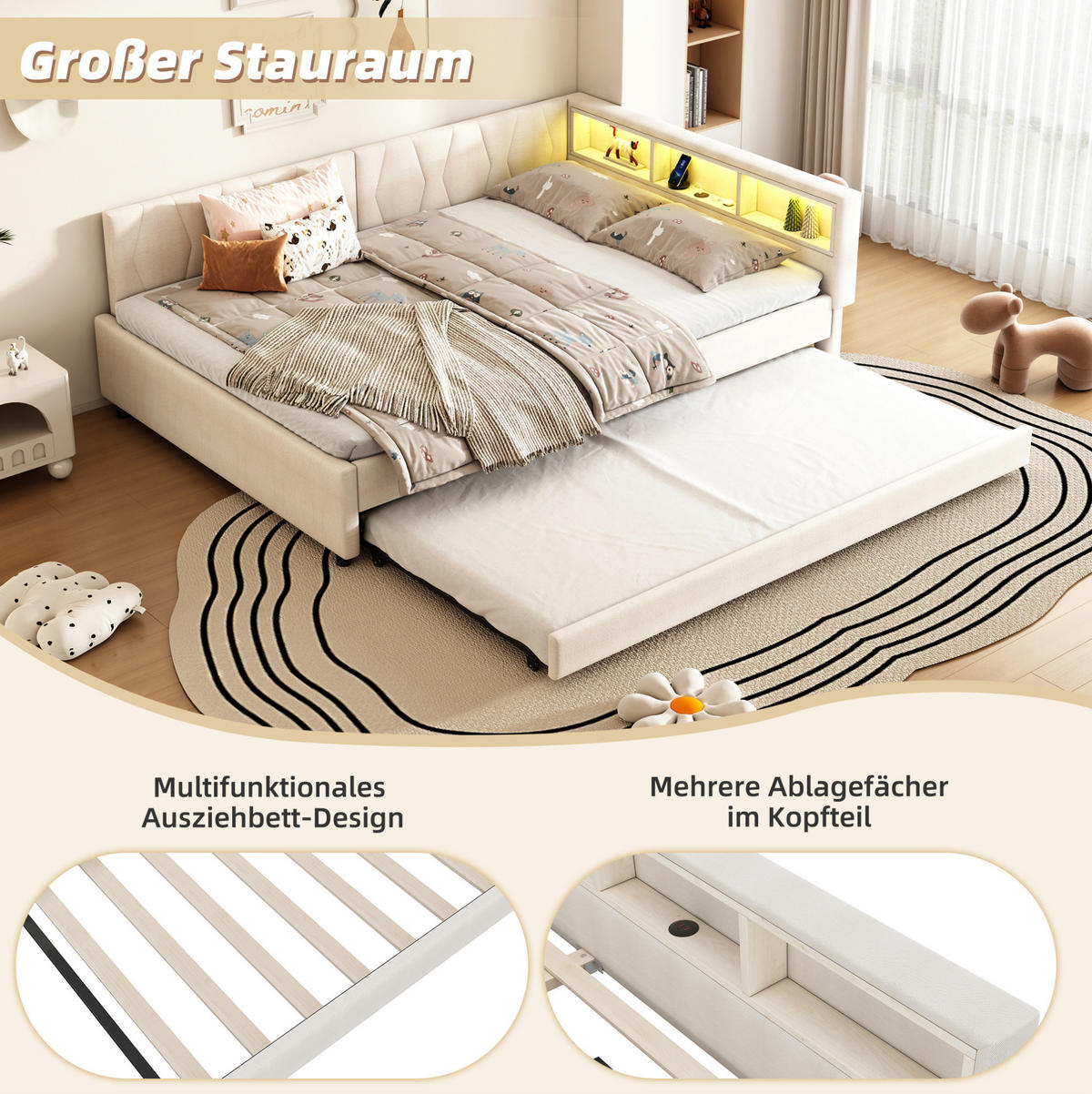 BETT 140/200 cm Beige aus Leinen und MDF mit LED-Lichtleiste und USB/Typ C - Beige, Textil (140/200cm) - OKMYHOME