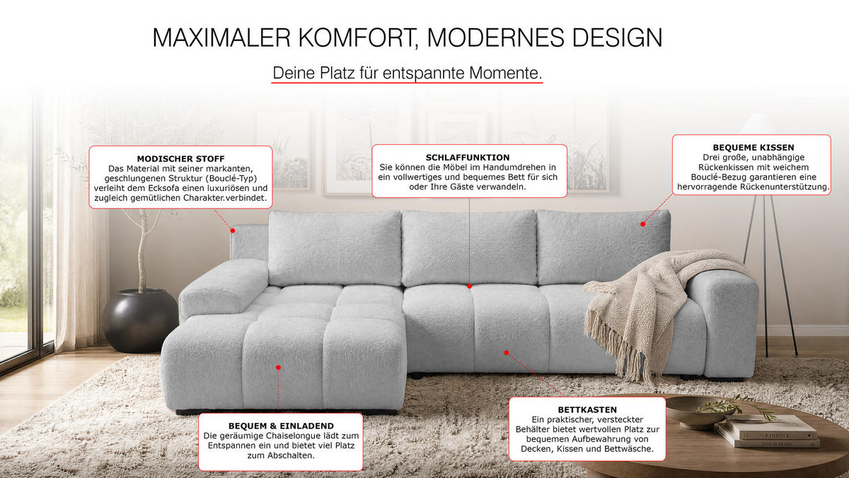 ECKSOFA Ovia mit Bettkasten und Schlaffunktion, Bouclé-Stoff in L-Form - Hellgrau, Textil (270/185cm)