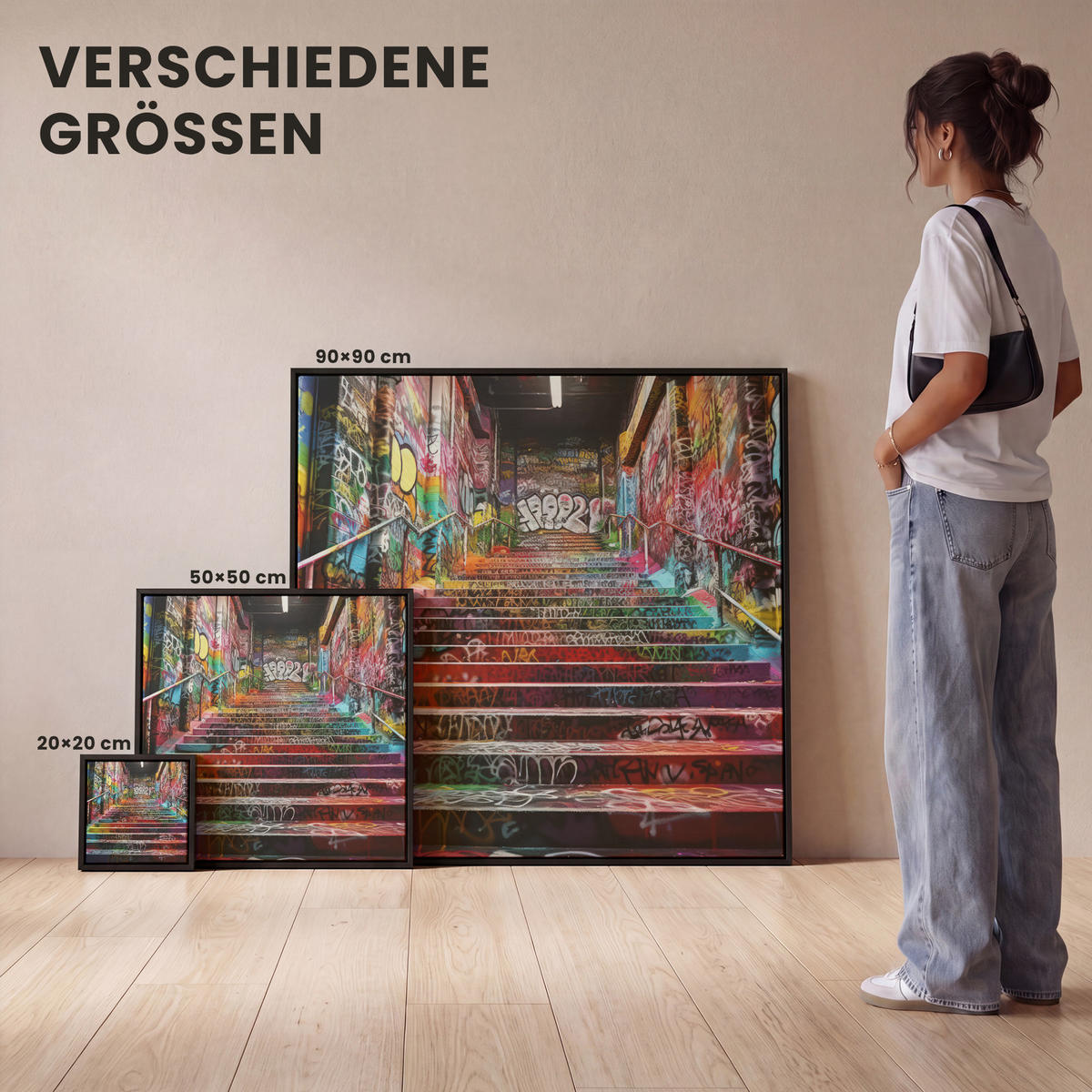 LEINWAND Bilder mit Rahmen - Treppe - Graffiti - Farben - Kunst - 90x90 - Multicolor, Textil (90/90cm) - MuchoWow