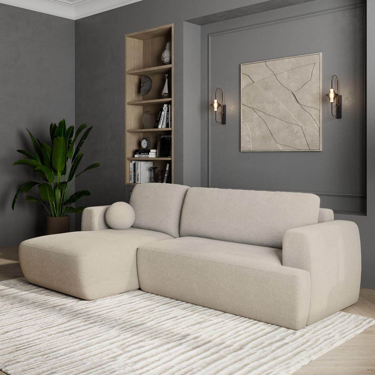 ECKSOFA SENTI N L-S Creme Boucle-Stoff mit Schlaffunktion - Creme, Holz (246/148cm) - MASSENO