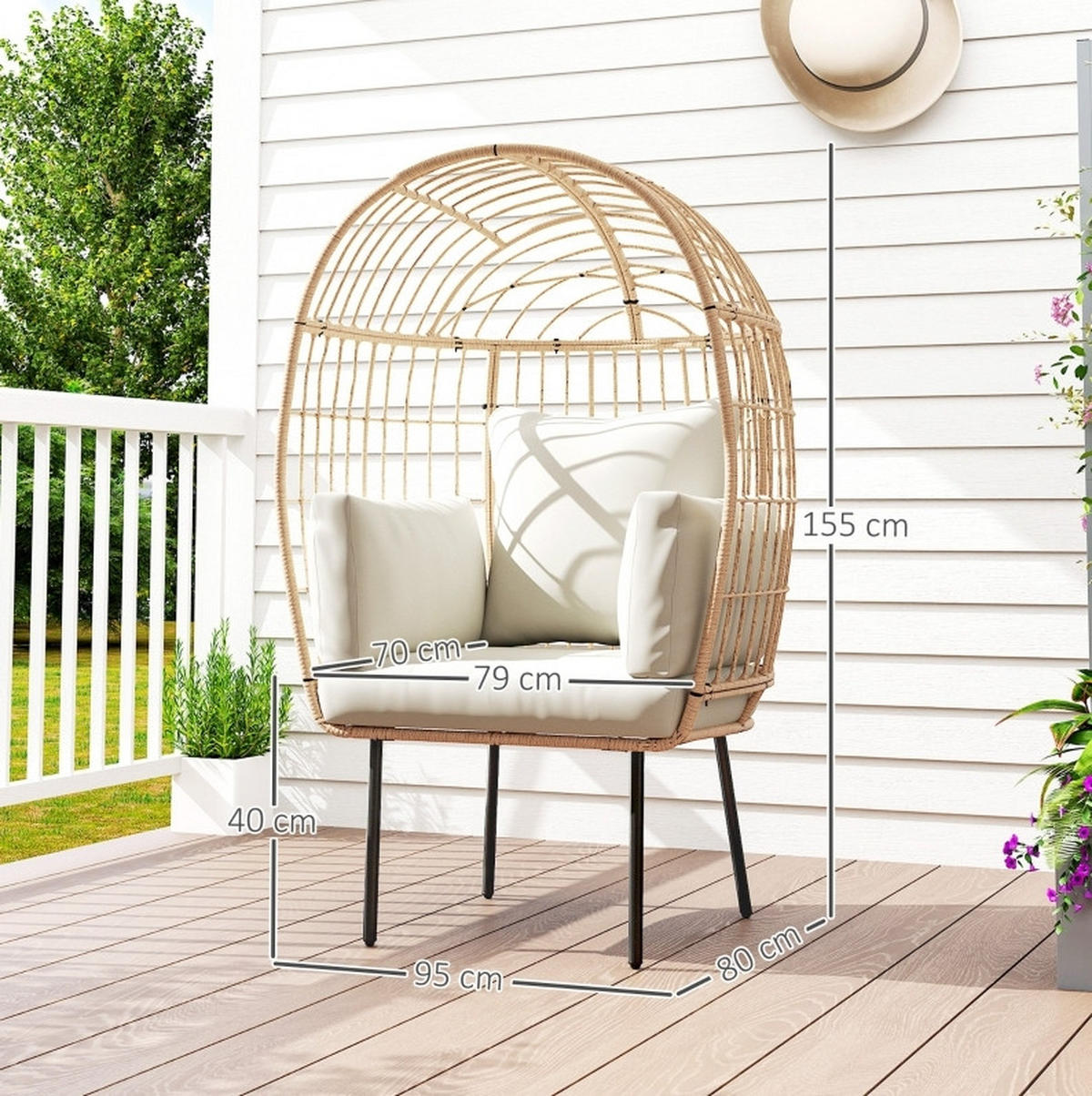 RATTANSESSEL 95/80/155 cm mit abnehmbaren Kissen und Stahlgestell, wetterfestes Rattan, Beige - Beige, Metall (95/155/80cm) - Redom