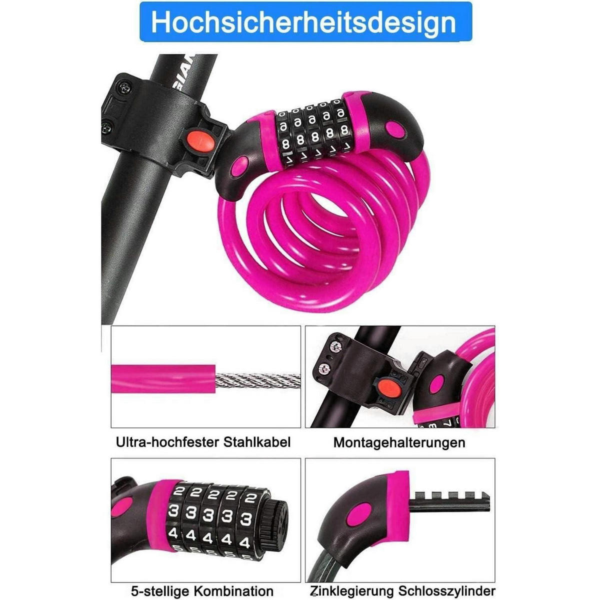 KABELSCHLOSS 120 cm mit Zahlenschloss und Halterung Rosa - Pink, Metall (4.1/16/15.3cm)