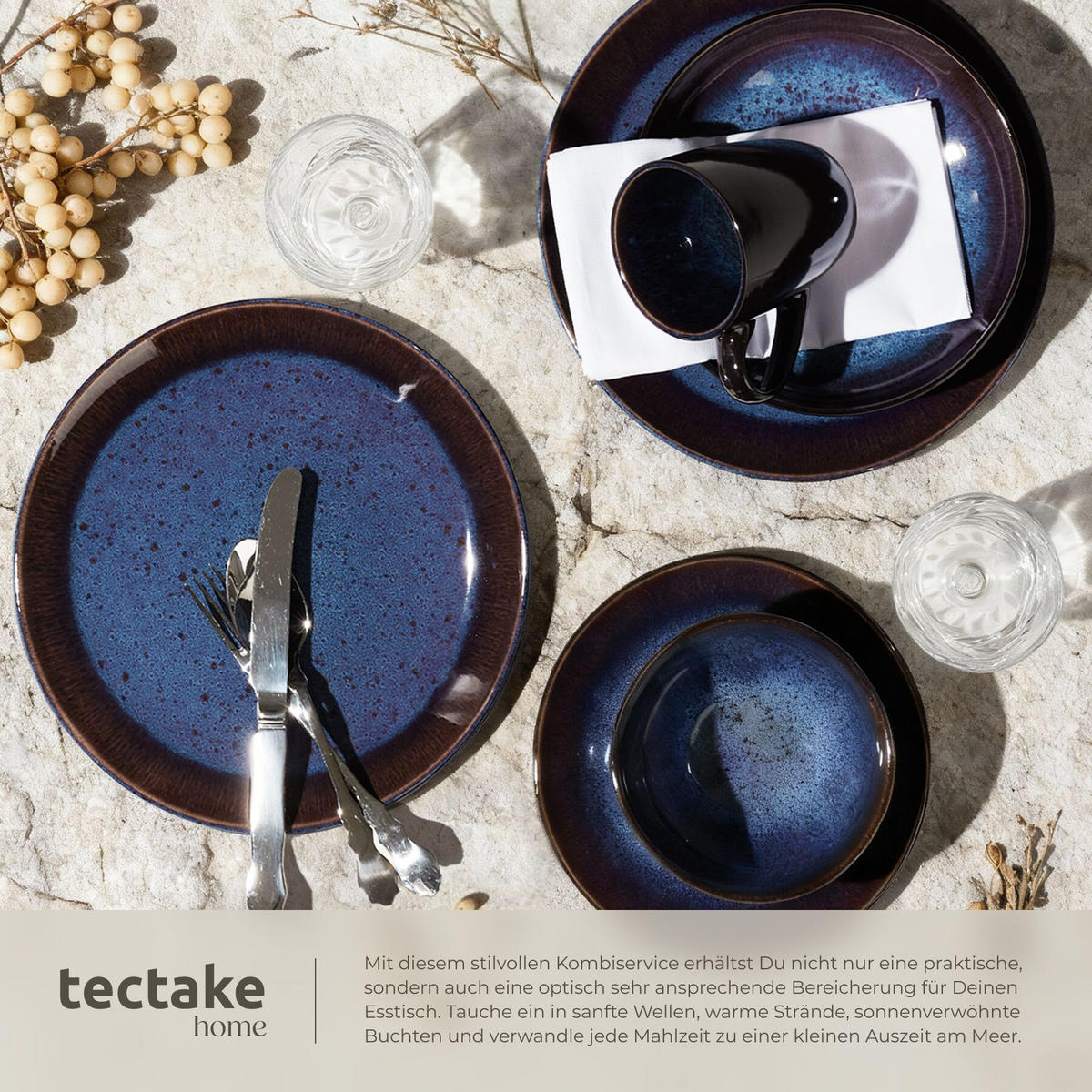 KOMBISERVICE Mare, ineinander stapelbar, blau/braun - Blau, Keramik (26.5/2.5/26.5cm) - tectake