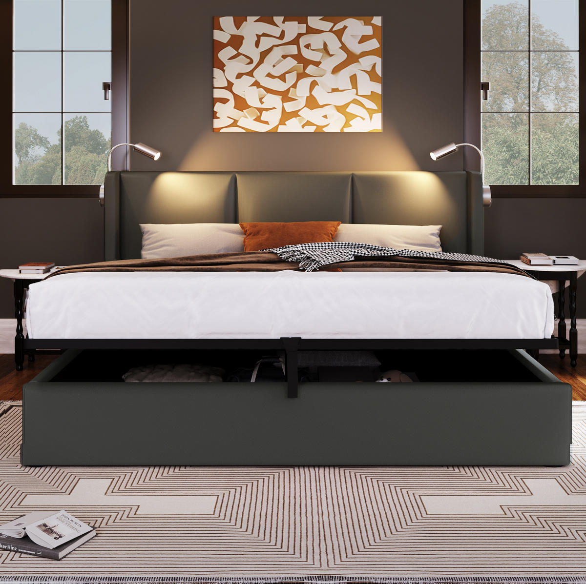 POLSTERBETT 140/200 cm mit Leselampe, USB-Ladefunktion, Bettkasten und Matratze, Grau - Grau, Kunststoff (140/140cm) - Redom