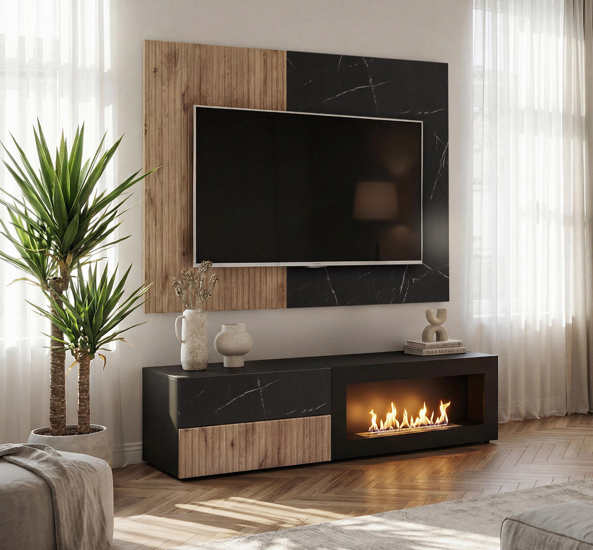 TV-LOWBOARD Eiche, Marmor schwarz 160 cm, TV Unterschrank Set mit Ethanol Kamin - Eichefarben/Schwarz, Holzwerkstoff/Kunststoff (160/180/45cm) - Inn.Furn