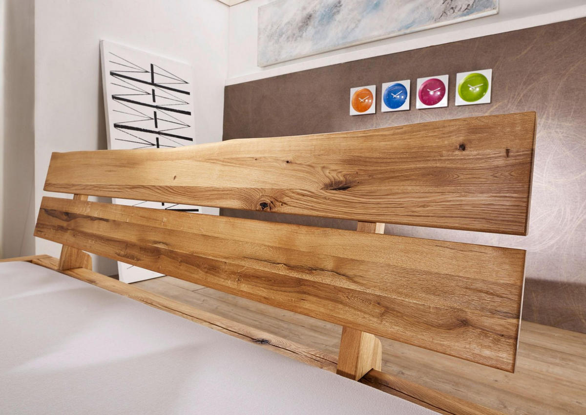 BETT mit Schublade Massivholz Wildeiche 140 x 200 x 85 natur BALKENMÖBEL #127 - Braun, Holz (140/200cm) - Massivmoebel24