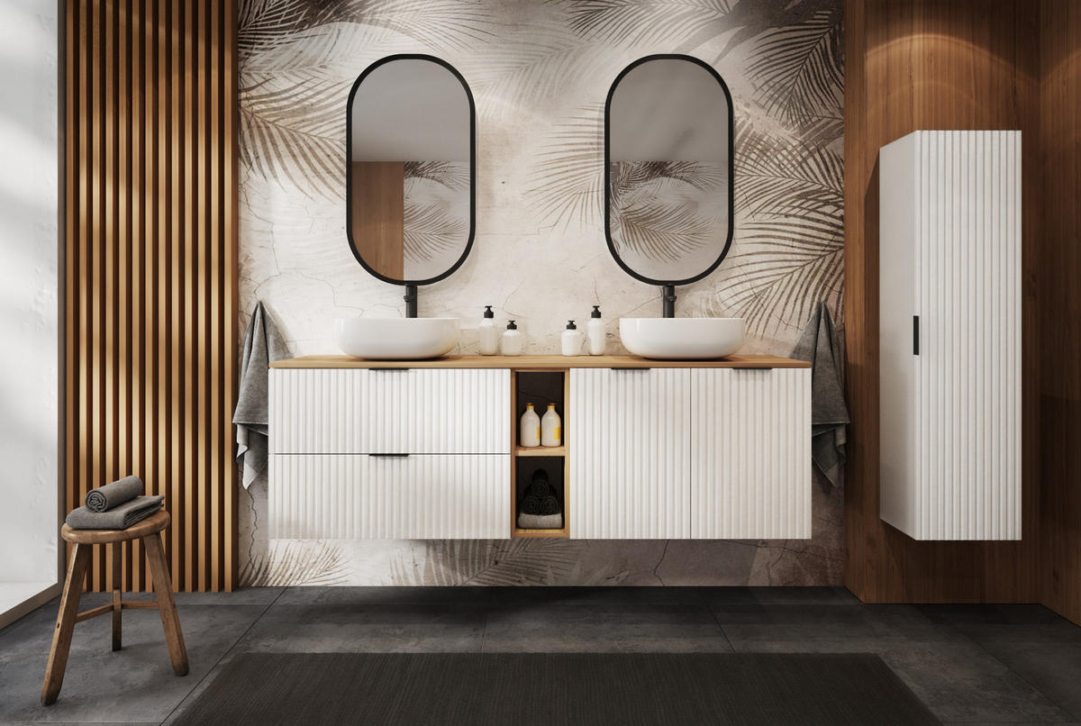 WASCHBECKUNTERSCHRANK FLOW mit Regal + Platte Weiß matt 140/57/46 cm - Weiß, Holzwerkstoff (140/57/46cm) - Rodan