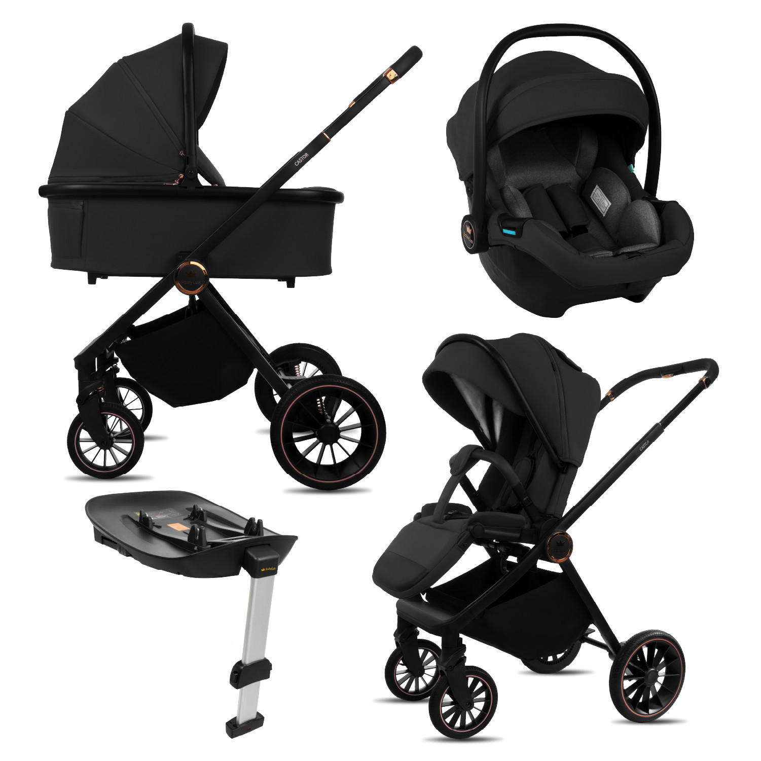 KINDERWAGEN Castor 4in1 Schwarz Babywanne, Reisebuggy, Autositz, Isofix Basis - Schwarz, Textil/Metall (58/98cm) - BabyLux