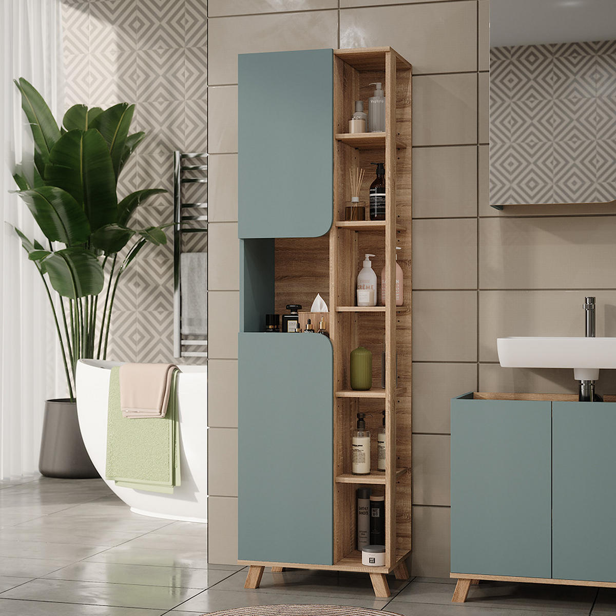 BADSCHRANK Karen Sonoma/Blau 50 x 175 cm mit 2 Türen - Dunkelblau/Sonoma Eiche, Holzwerkstoff (50/175/35cm) - Vicco