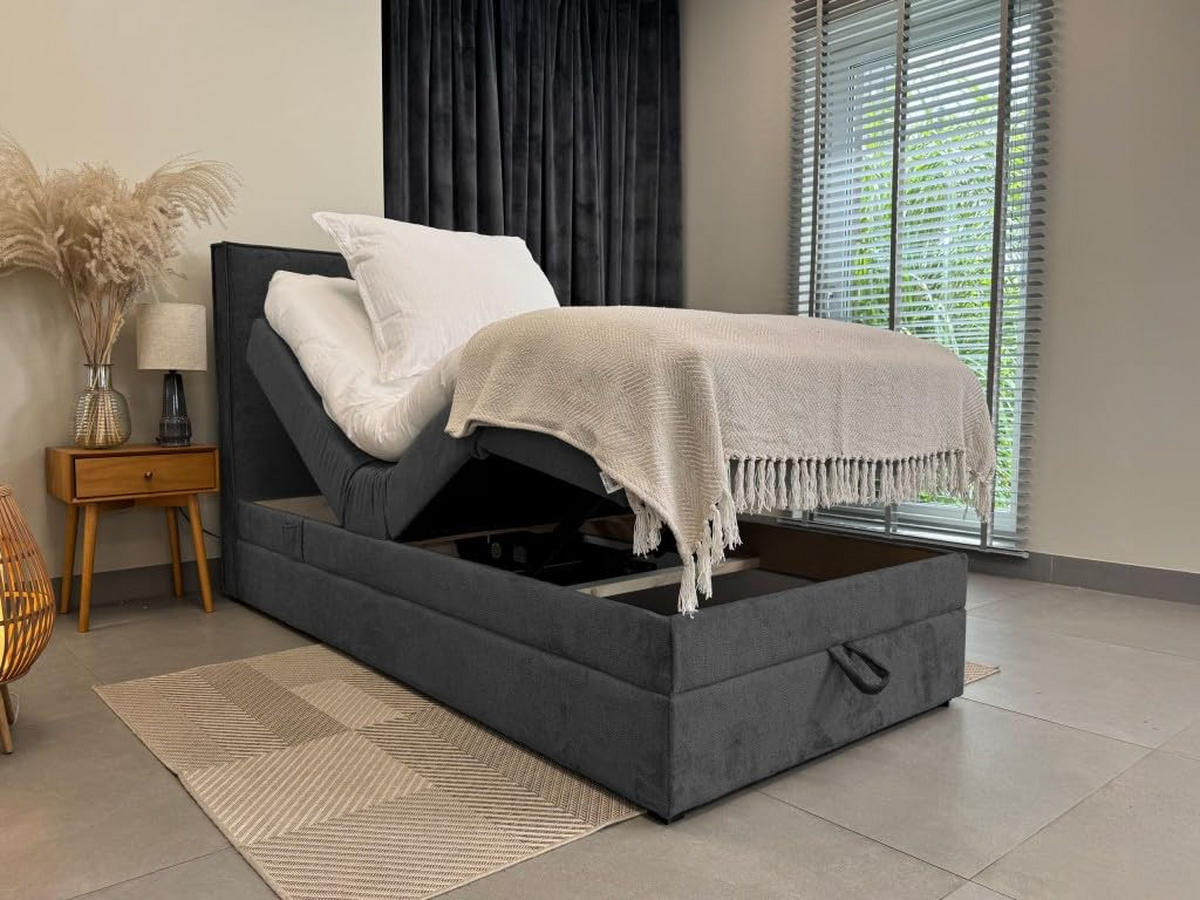BOXBETT Sorrento - Elektrische Bett mit Matratze + Tooper, Kopfteil und Bettkasten - Stoffbezug Veloursstoff - 100x200 cm - Dunkelgrau - Dunkelgrau, Holzwerkstoff/Kunststoff (100/200cm) - Trada