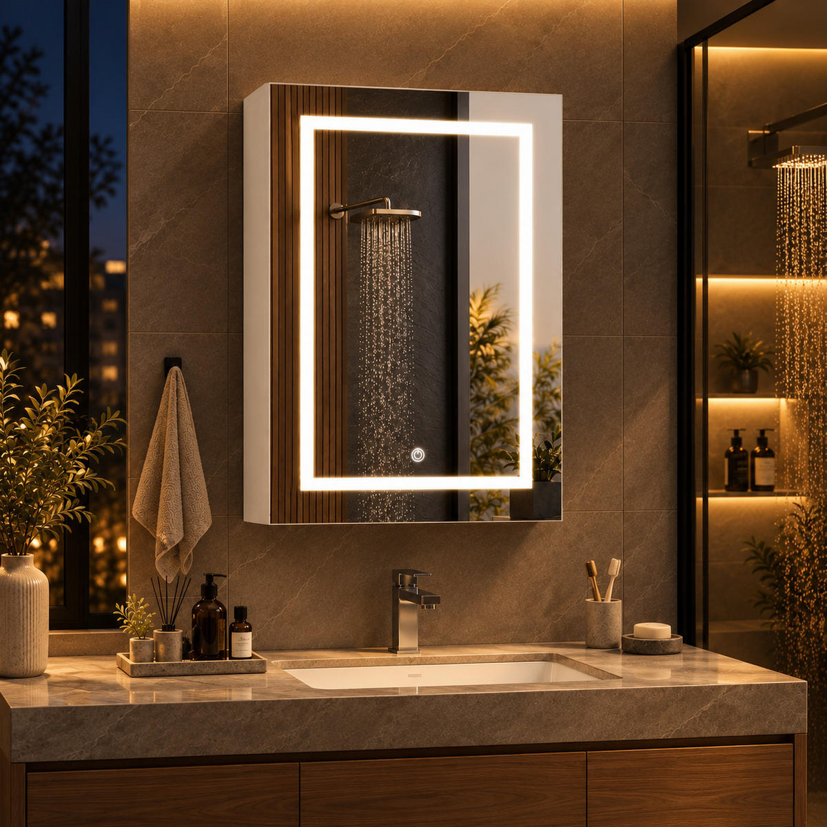 SPIEGELSCHRANK LED 50/70/12.5 cm Weiß, 1-türig, dimmbar, Touch-Schalter, 3 Lichtfarben, Badschrank mit Glasböden - Weiß, Glas (50/70/12.5cm) - Joyfair