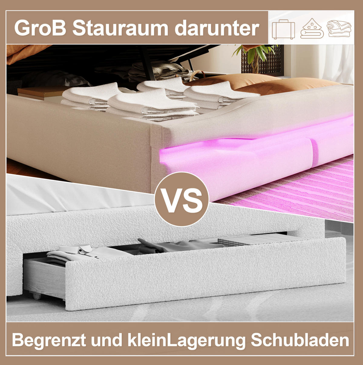 POLSTERBETT 140/200 cm Beige aus Leinen mit Bettkasten und LED-Beleuchtung - Beige, Textil (140/200cm) - OKMYHOME