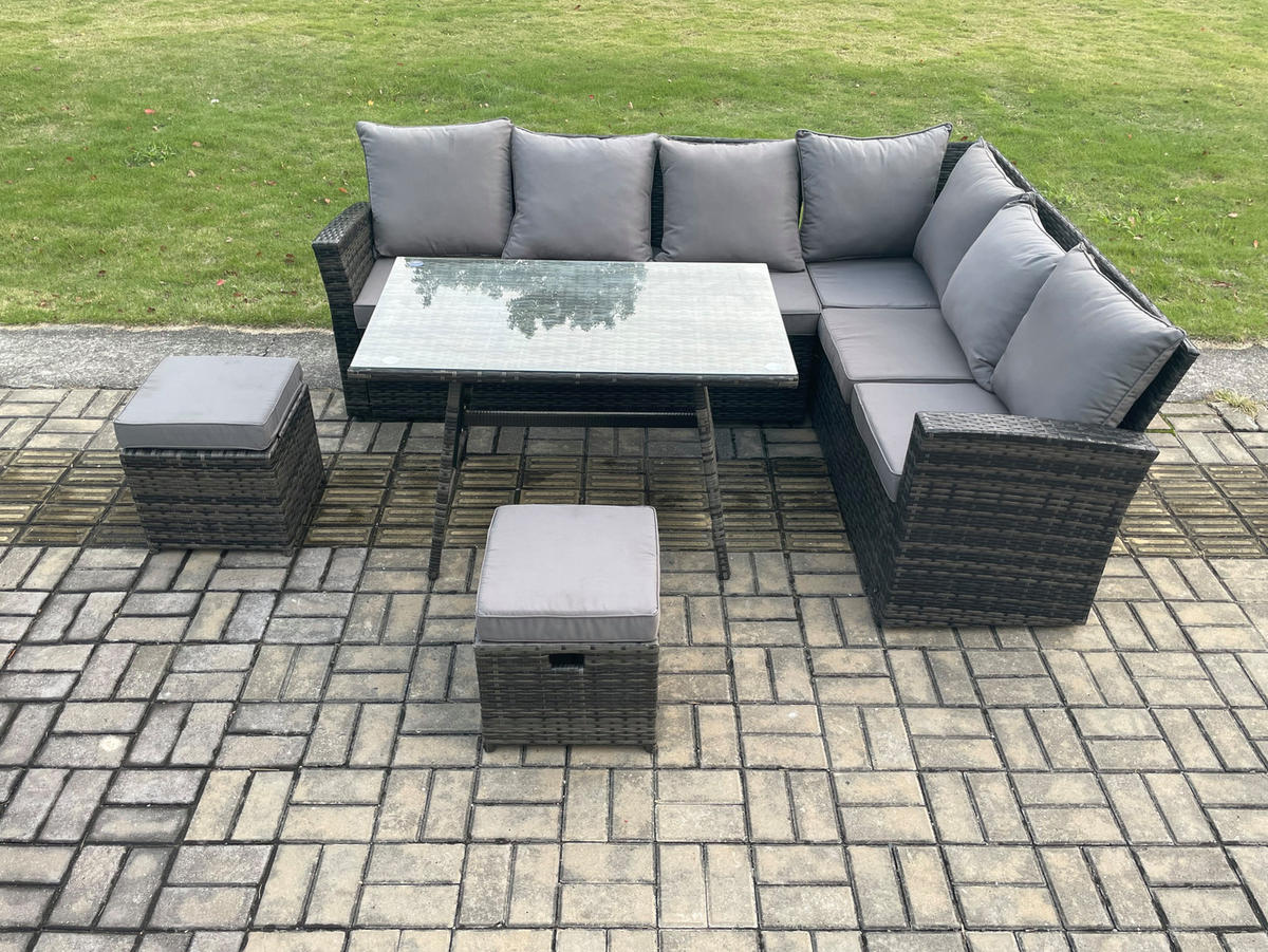 GARTENSOFA SET Hohe Rückenlehne Polyrattan Dunkelgrauer Mix 8-Sitzer - Dunkelgrau/Grau, Glas/Kunststoff - Fimous