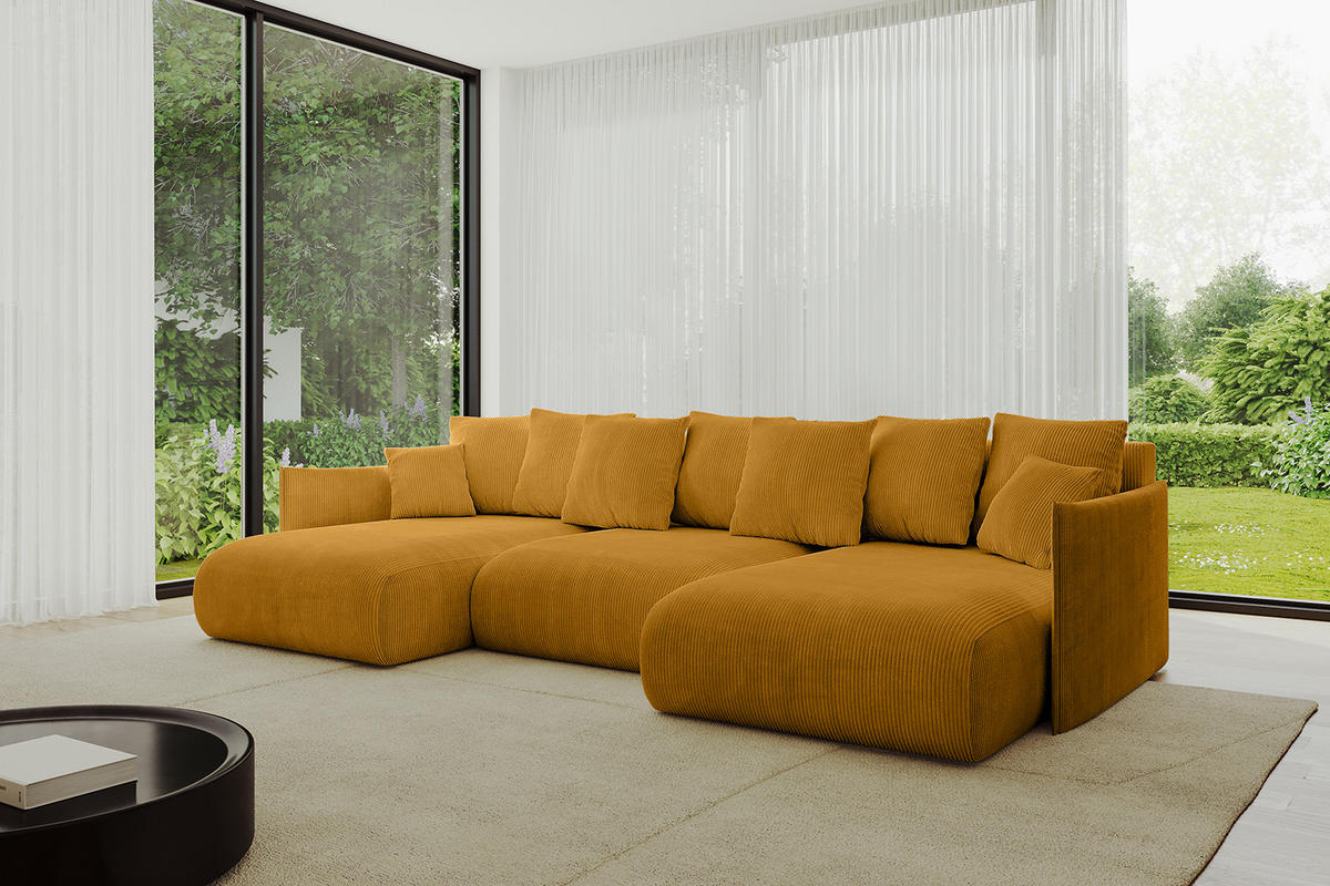 WOHNLANDSCHAFT mit Schlaffunktion und Bettkasten ONESK-U 317x177x72 Senfgelb Cord - Currygelb, Holzwerkstoff/Kunststoff (317/72/177cm) - ALTDECOR