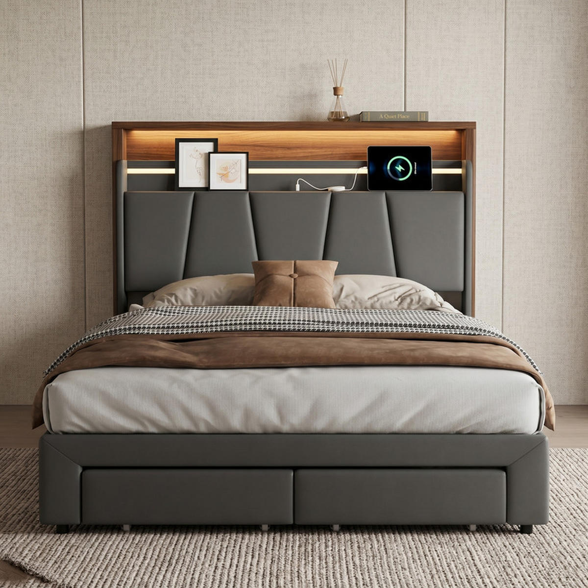 POLSTERBETT 140/200 cm grau mit Stauraum, Schubladen und LED - Grau, Holz
