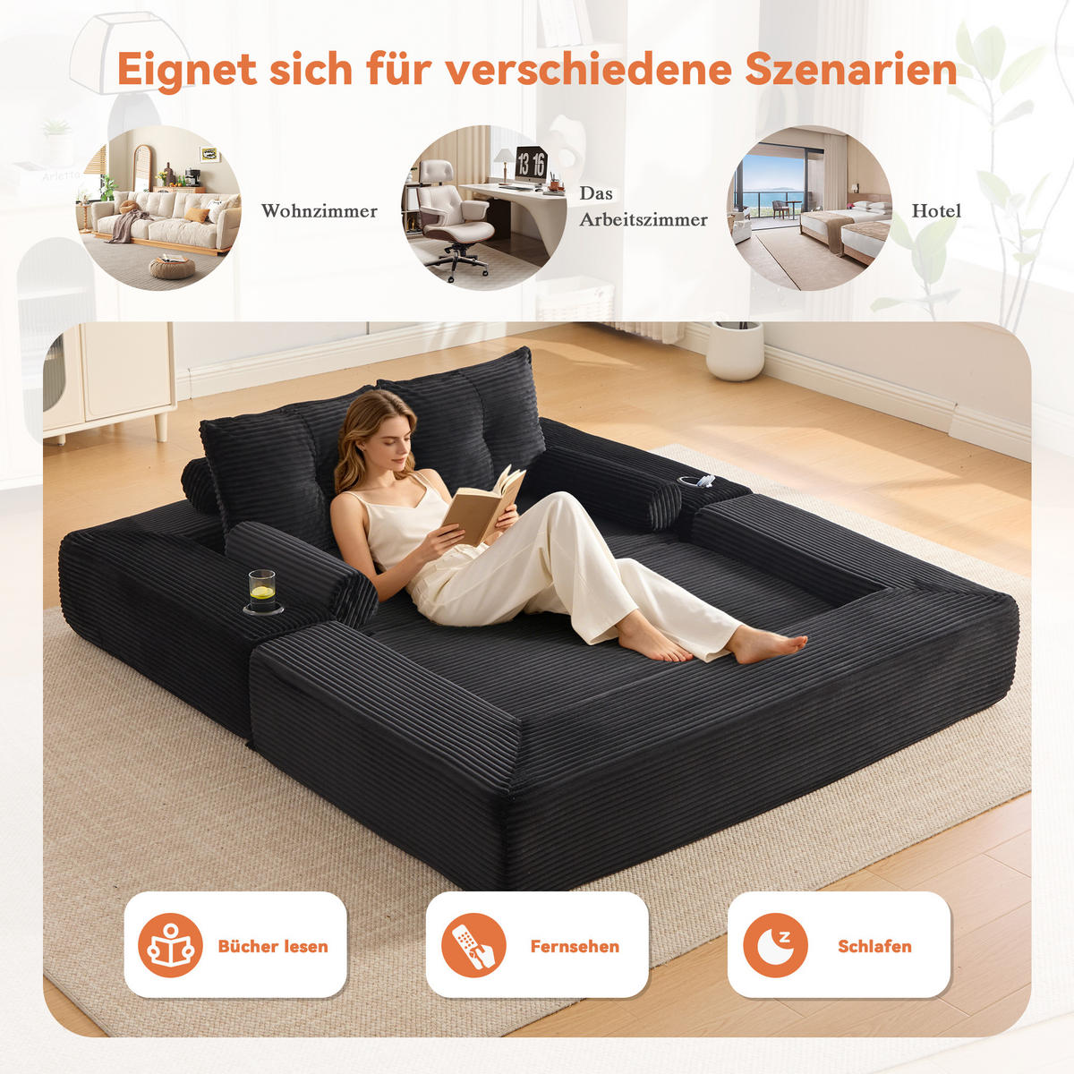 SCHLAFSOFA mit Cordbezug, Federkern, Memory-Kissen und Getränkehalter - Schwarz, Textil (180/80/98cm) - EVRYAE