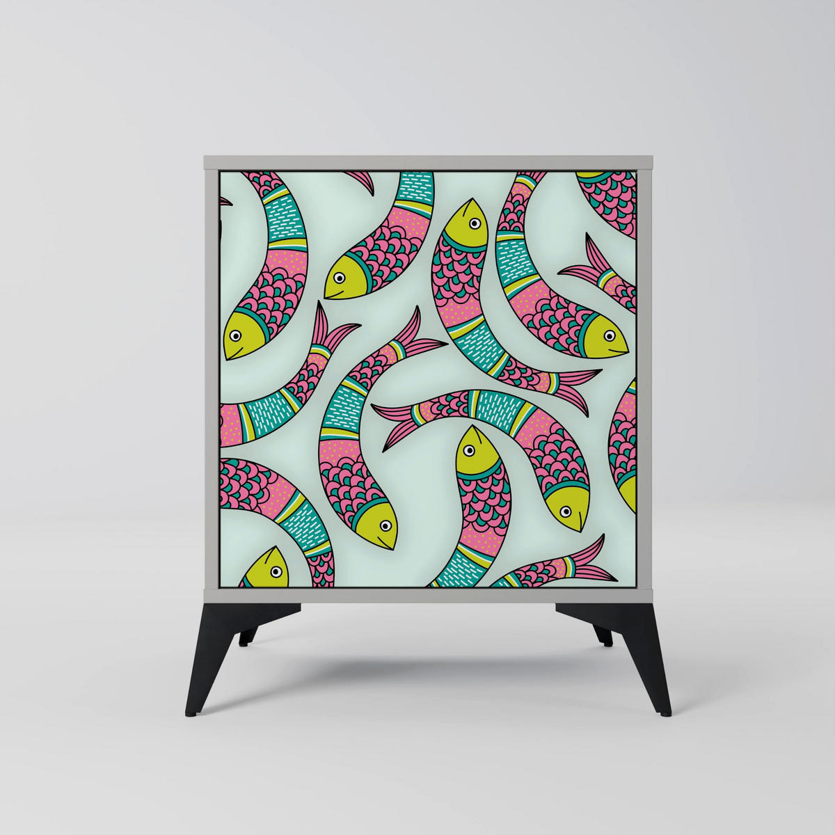 SIDEBOARD INDIAN FISH, Grau, 57,5x42x67,5 cm, Schwarze Metall-Rahmenfüße - Multicolor/Schwarz, Holzwerkstoff/Metall (57.5/67.5/42cm) - SpaceRebels