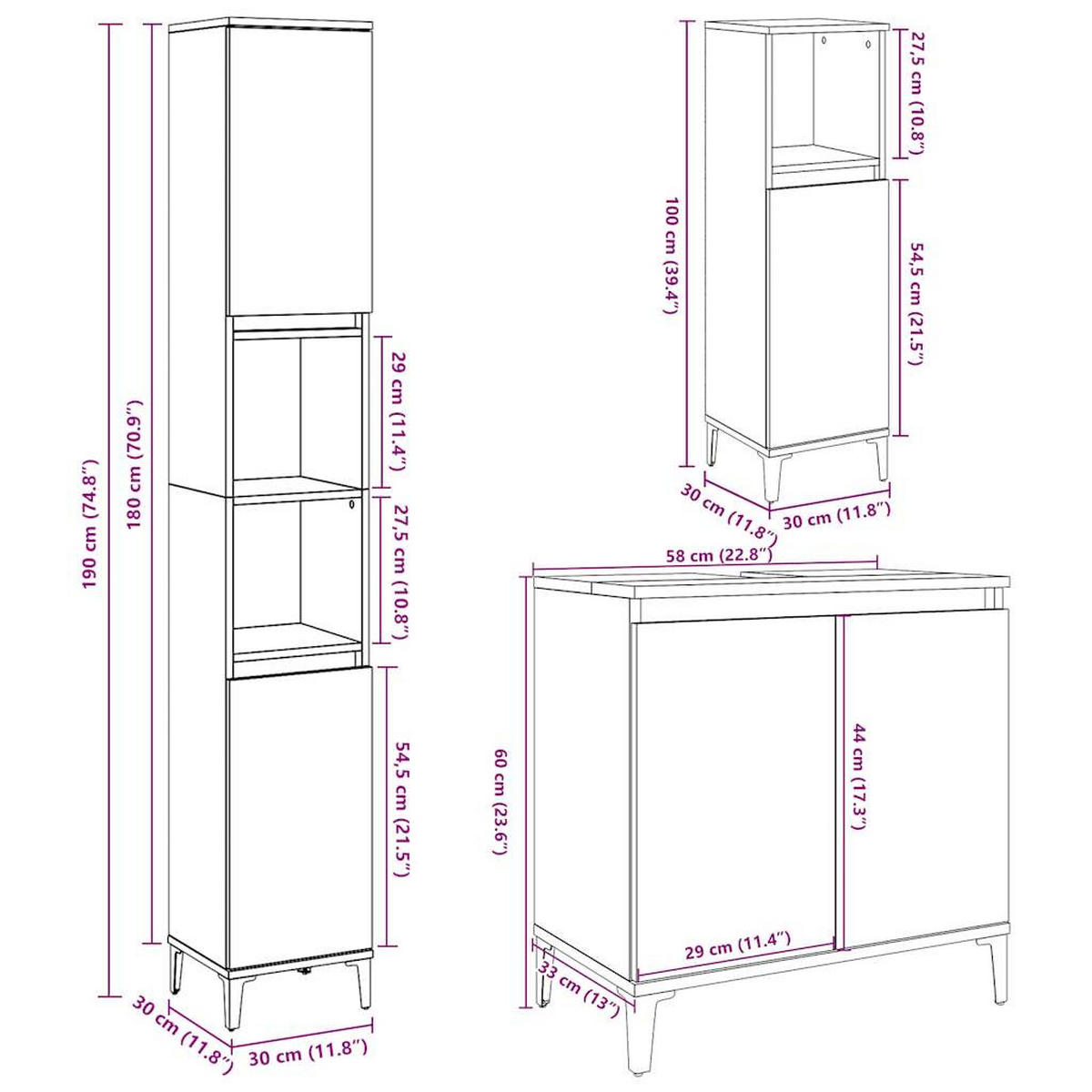 BADMÖBEL-SET 3-TLG. Betongrau Holzwerkstoff - Grau, Holzwerkstoff (30/190/30cm) - vidaXL