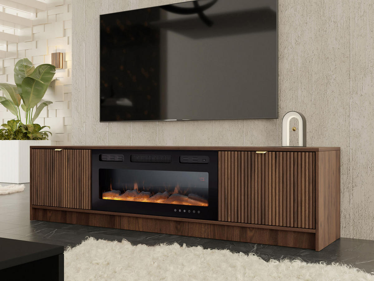TV-LOWBOARD Tireno EF mit Elektrische Kamin - Nussbaumfarben/Goldfarben, Holzwerkstoff/Metall (182/48/40cm) - MIRJAN24