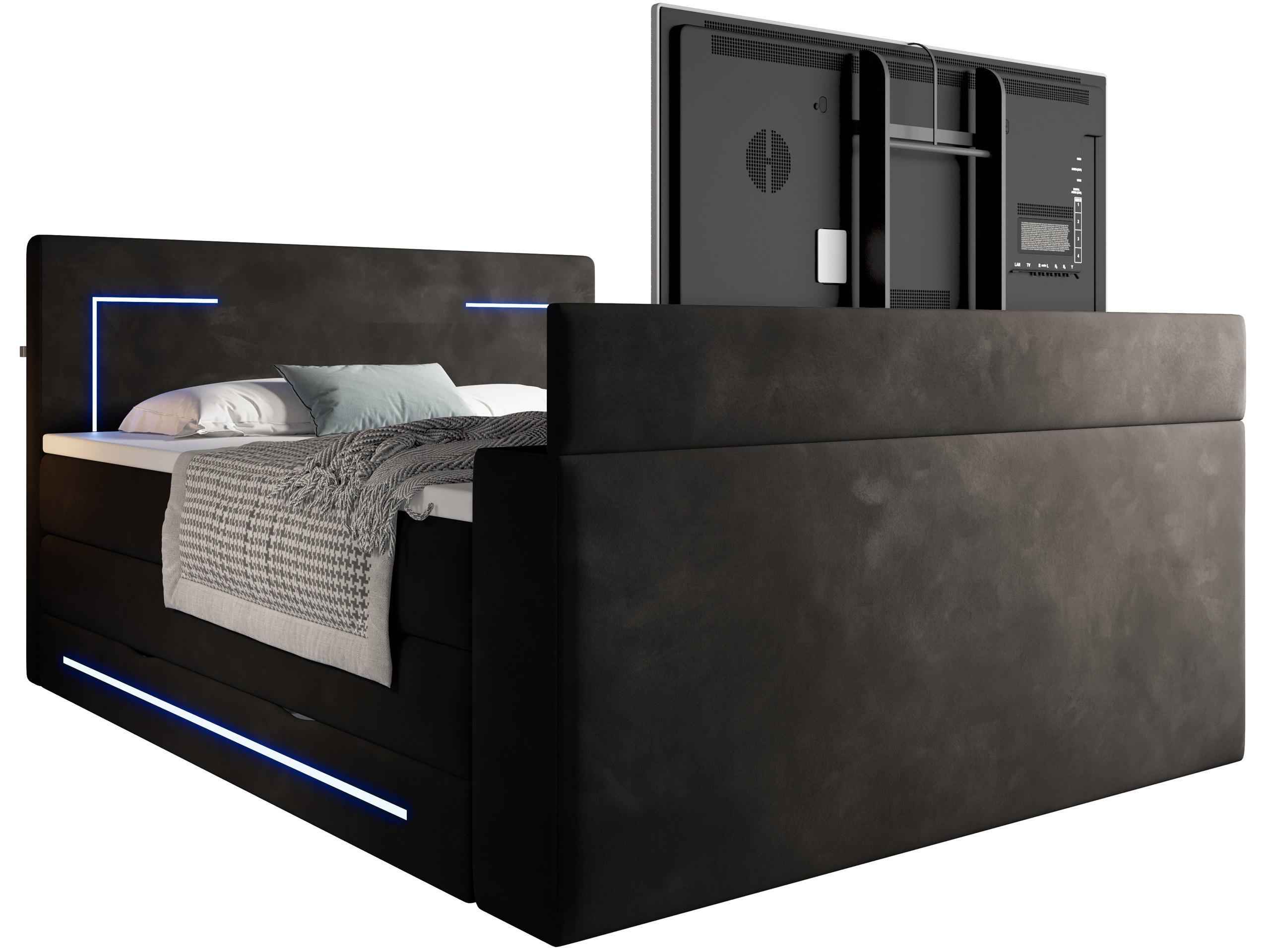 BOXSPRINGBETT Monaco schwarz 160/200 cm H3/H4 Samt mit TV-Lift - Schwarz, Textil (160/200cm) - wonello