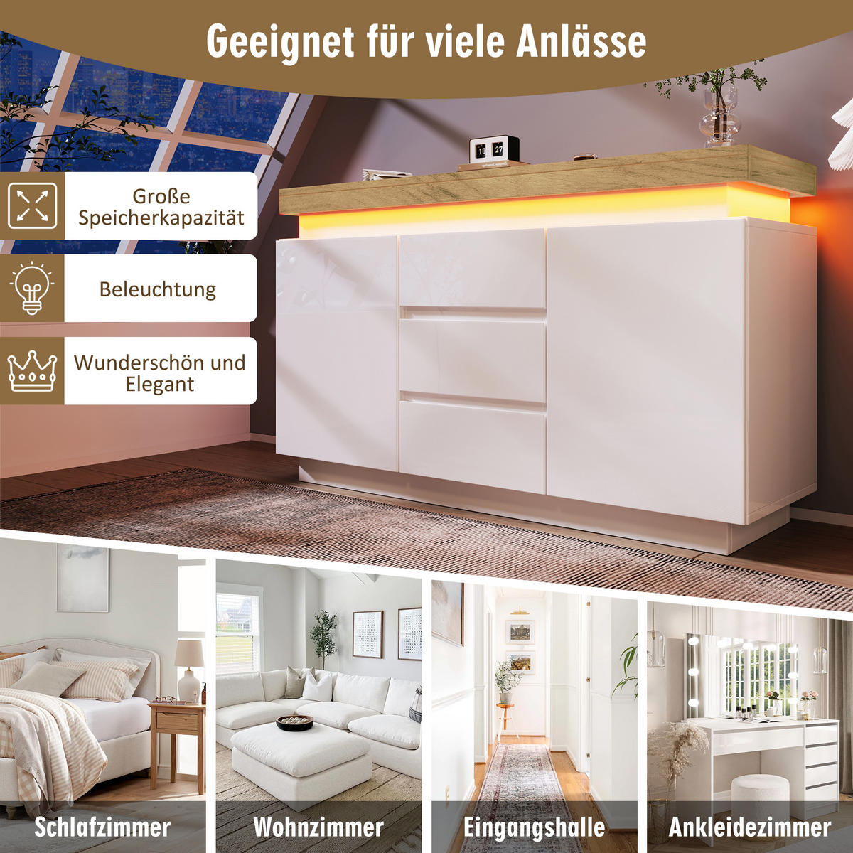 SIDEBOARD 140 cm in Weiß Hochglanz mit Smart-LED & 3 Schubladen - Weiß, Holzwerkstoff (140/81/39cm) - Urban Meuble