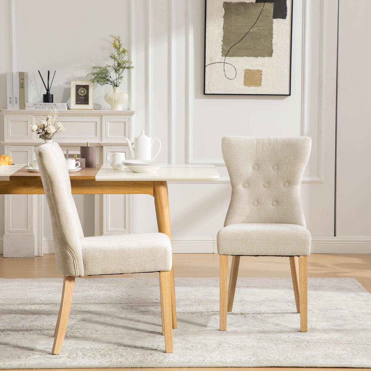MATSTOLAR 2-pack i Chenille och Massivt Trä, med nitdekor och resårkärna - Beige, Textil (62.5/92/45cm) - Urban Meuble