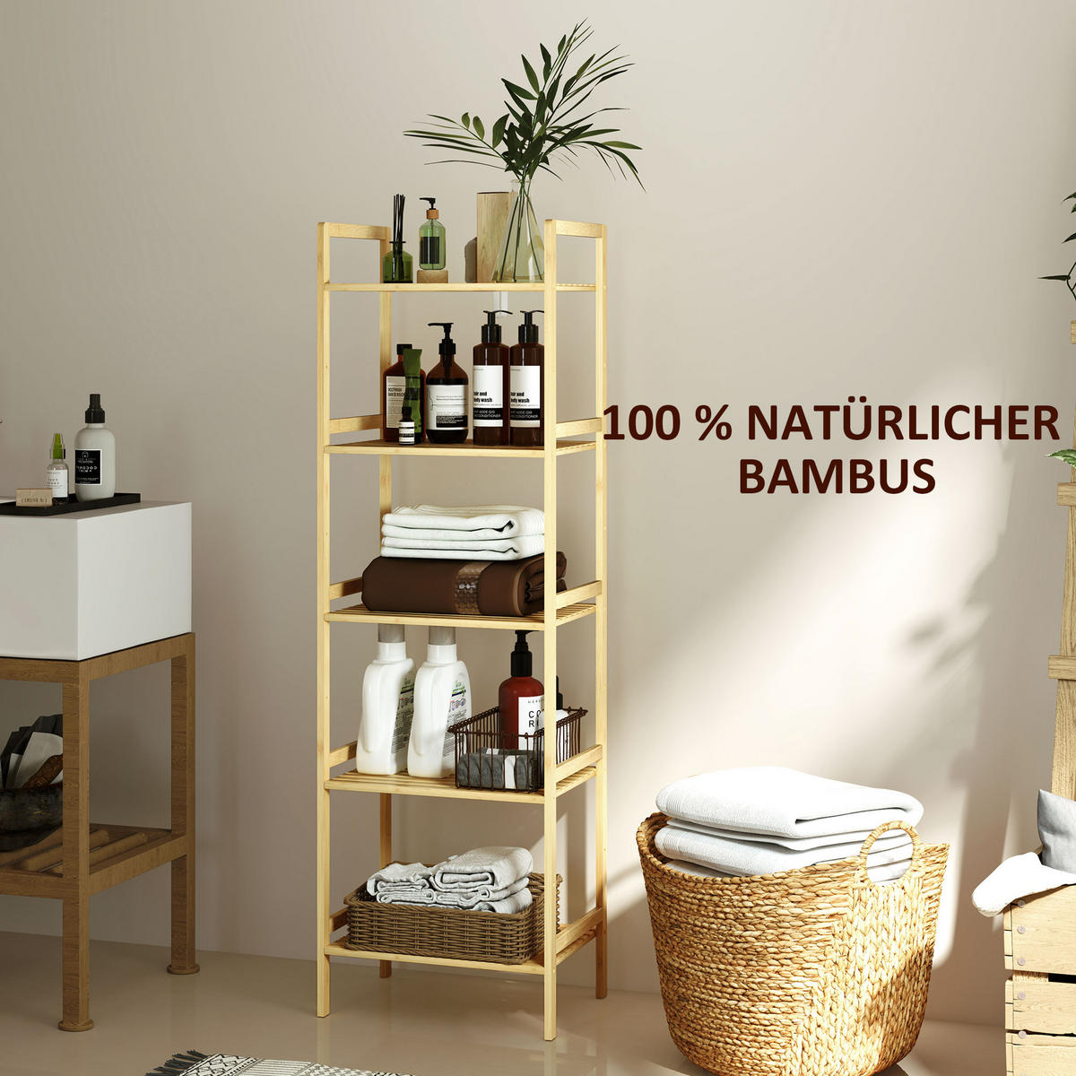 BADREGAL mit 5 Ebenen, 43,5 x 31,5 x 142 cm, Naturholz - Naturfarben, Naturmaterialien (43.5/142/31.5cm) - HOMCOM