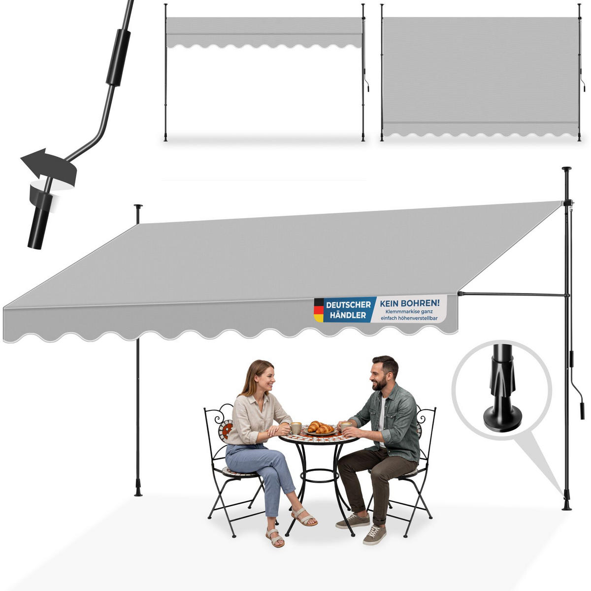 KLEMMMARKISE MIT HANDKURBEL , wasserabweisend, hellgrau - Hellgrau, Textil (400/304/180cm) - tectake