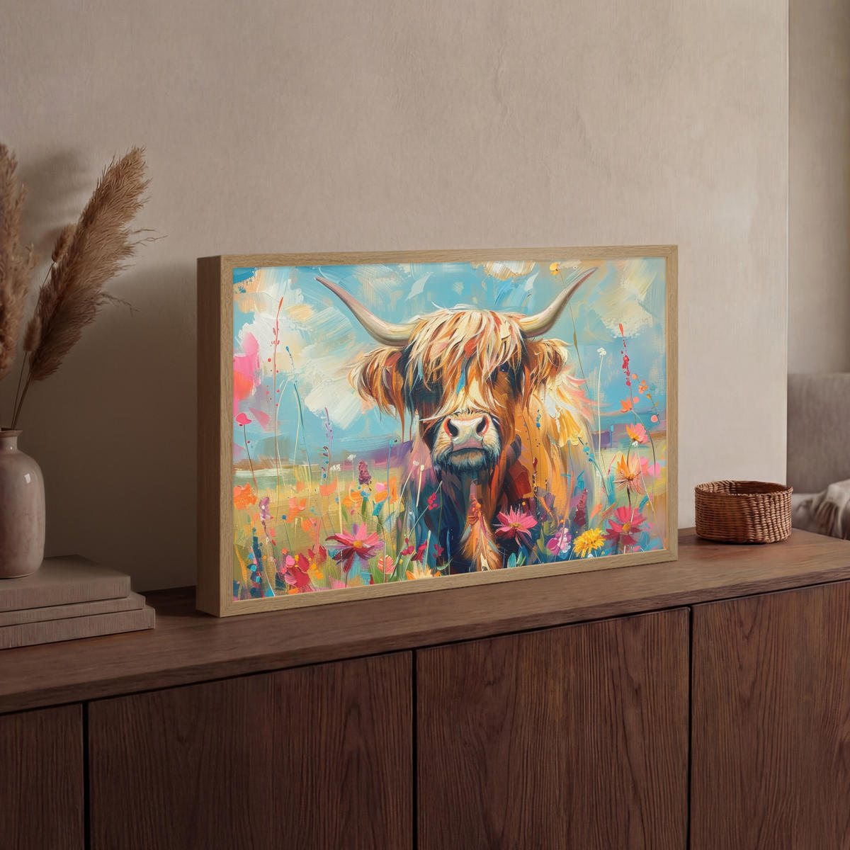 NÁSTĚNNÁ LAMPA S AKUMULÁTOREM Skotský horal - Příroda - Barevné - Květiny 60x40 cm - různobarevná, kompozitní dřevo (60/40/8cm) - OnlyWow