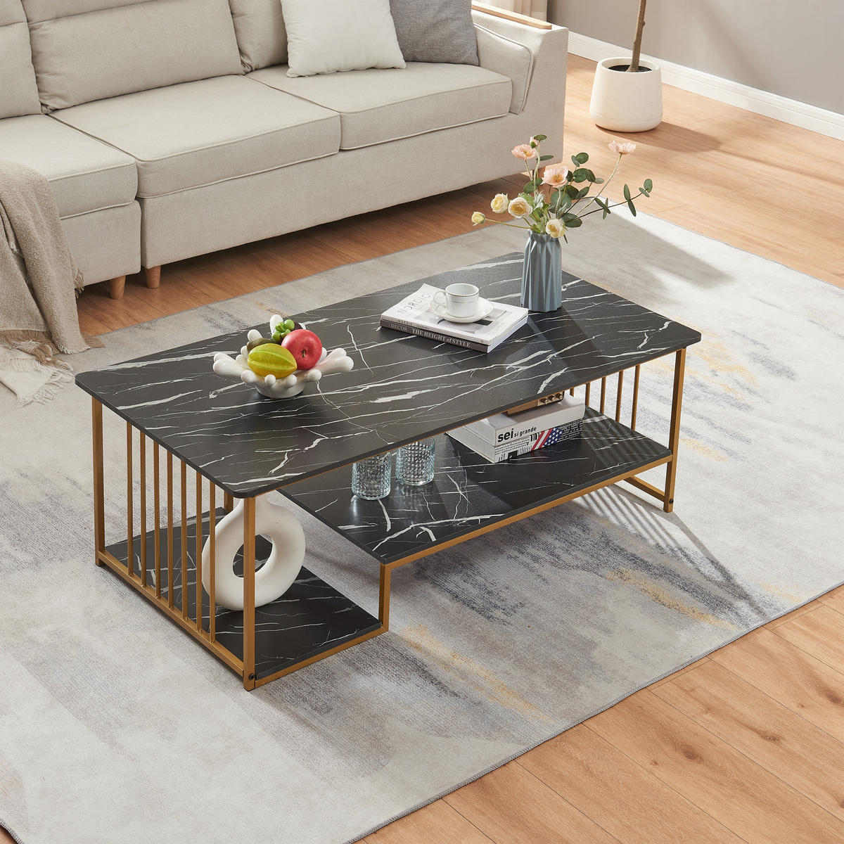 KONFERENČNÍ STOLEK Klibro 120/60/42 cm - černá/zlatá, kov/kompozitní dřevo (60/120/42cm) - [en.casa]