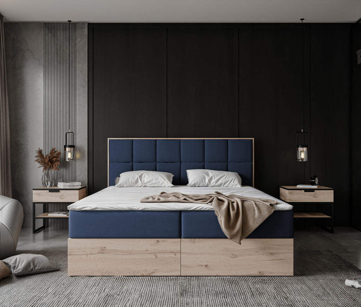 BOXBETT LAVIO II 160/200 cm, in Marineblau, mit Matratze und Topper - Dunkelblau, Holzwerkstoff/Textil (160/200cm) - Idohome