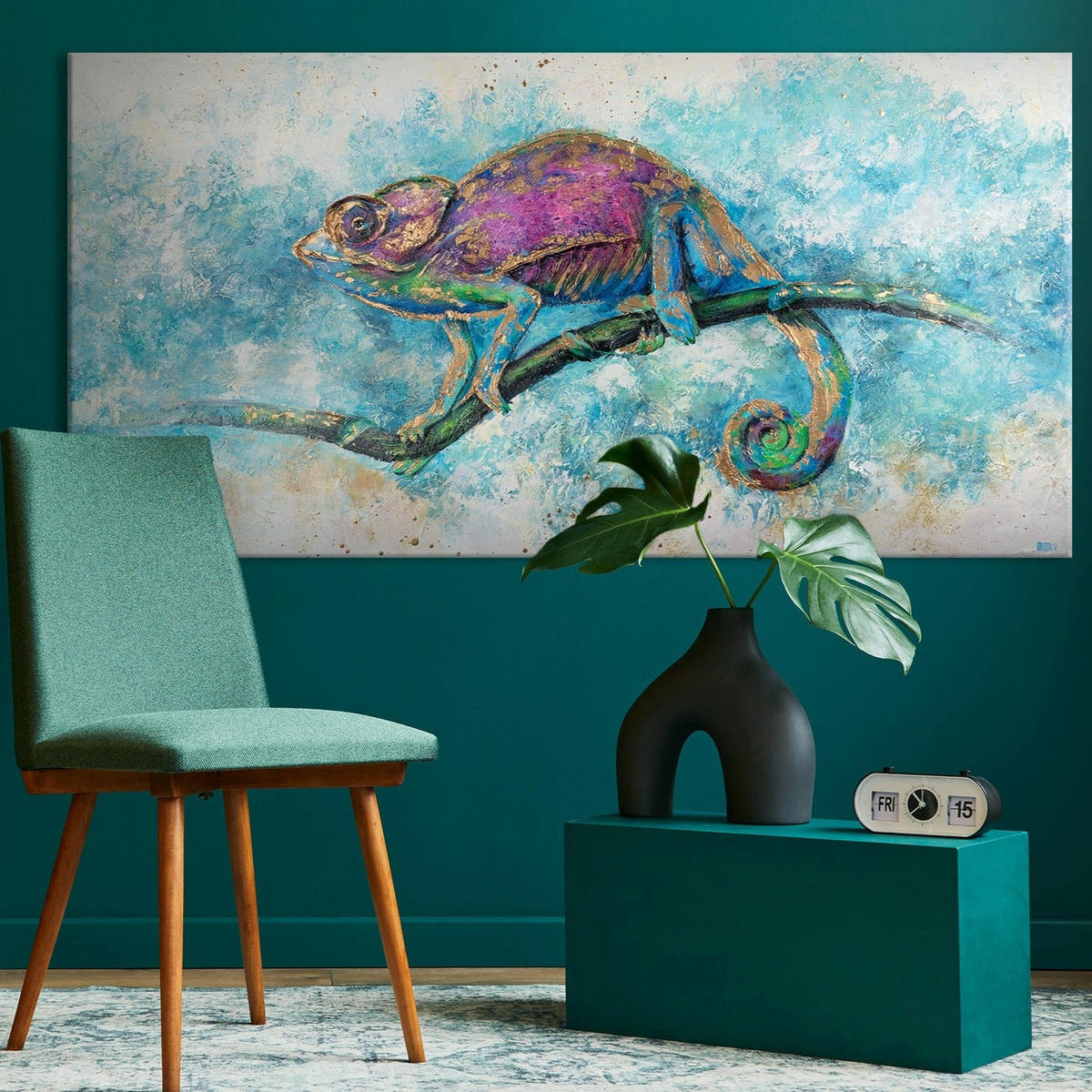 GEMÄLDE Leguan auf Keilrahmen 140x70 cm - Türkis, Holz (140/70cm) - YS-art gallery