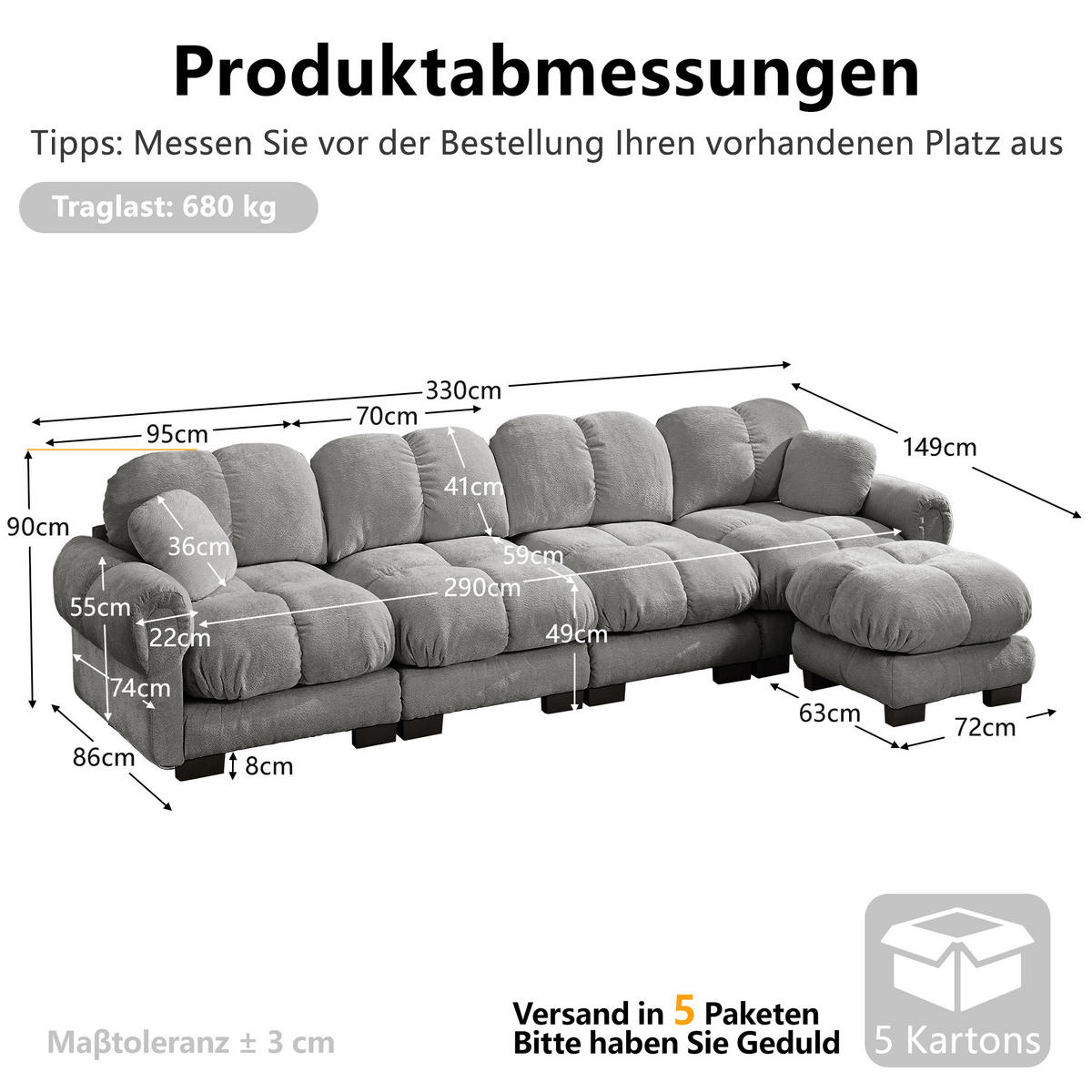 ECKSOFA DE-34384 4-Sitzer mit Steppdesign Hellgrau - Hellgrau, Textil (149/330cm) - ComfortXL